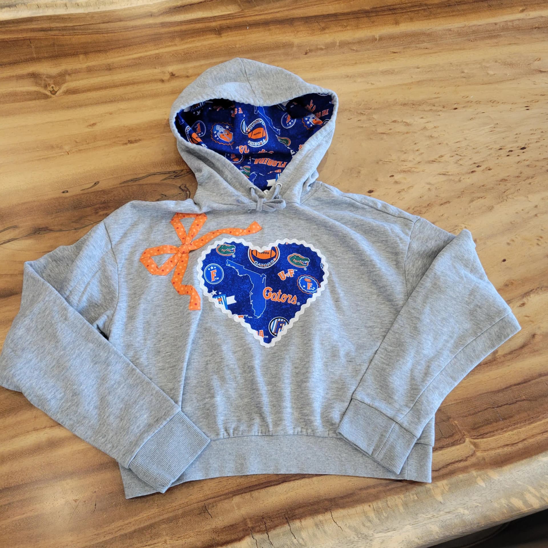 XS Cropped UF Gators Hoodie – Upcycled Designer Fabric – Heart Appliqué & Lined Hood - Image 1