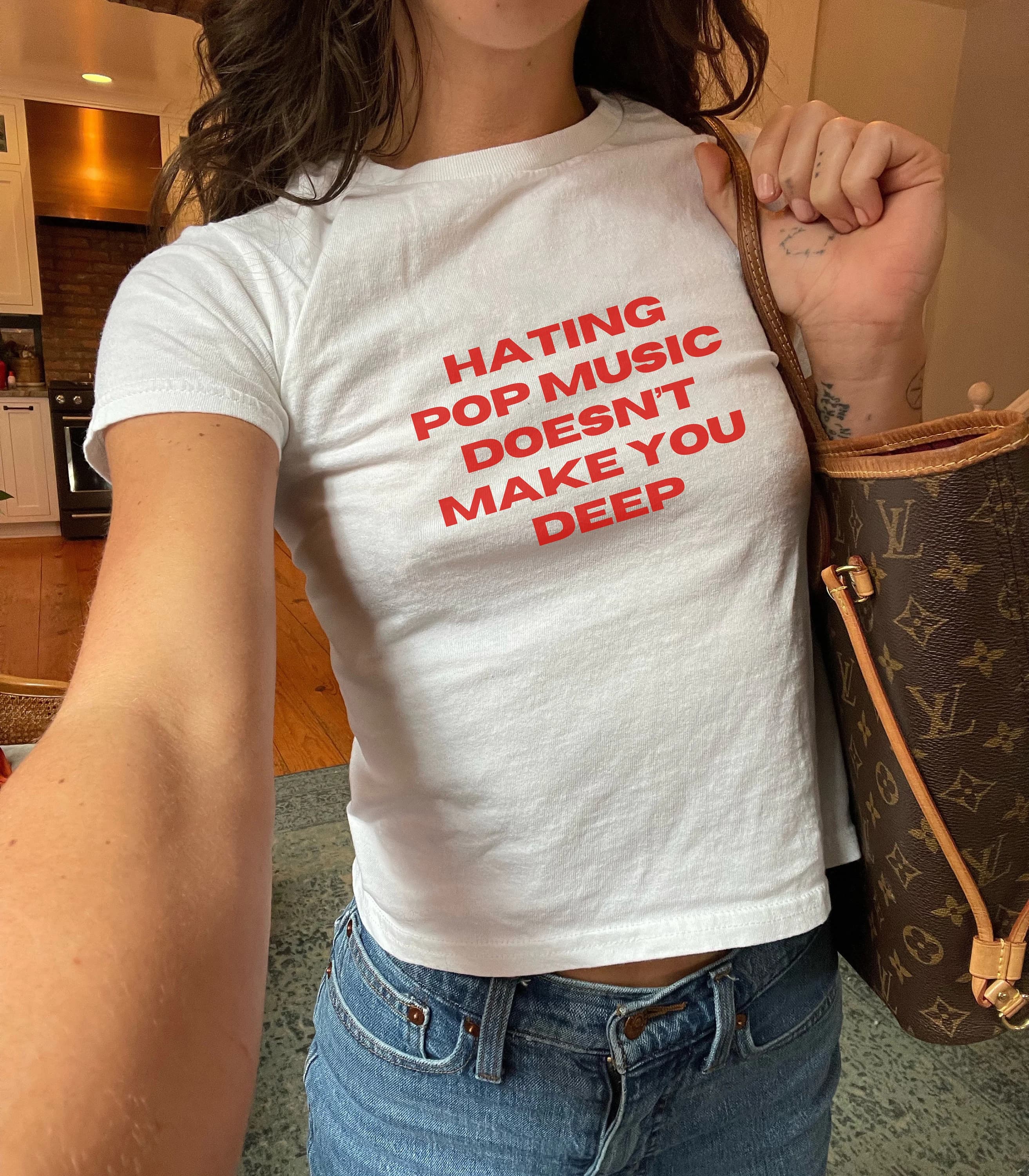 Iconic Viral Hating Pop Music Doesn't Make You Deep Charli XCX Shirt Y2k Baby Tee Funny Shirt Trendy Vintage 90s Baby tee - Image 1