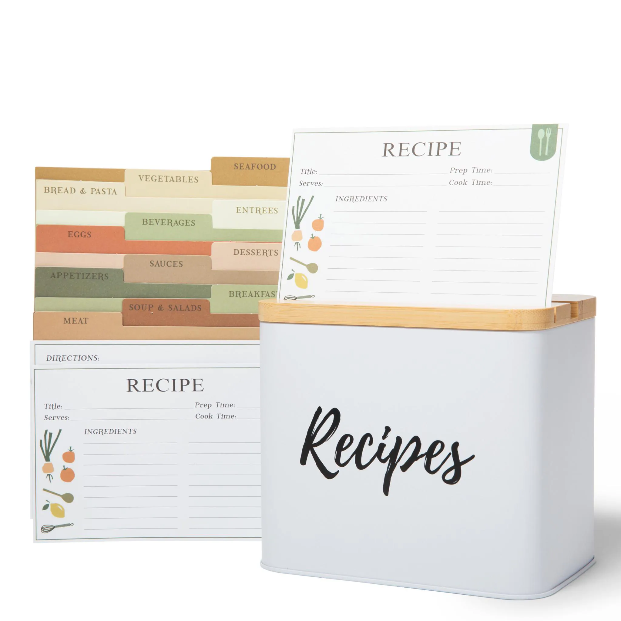 Recipe Box with Cards and Dividers, 100 Recipe Cards - 12 Dividers - 100 Card Protectors, White Metal Recipe Container with Wood Lid, Gift - Image 1