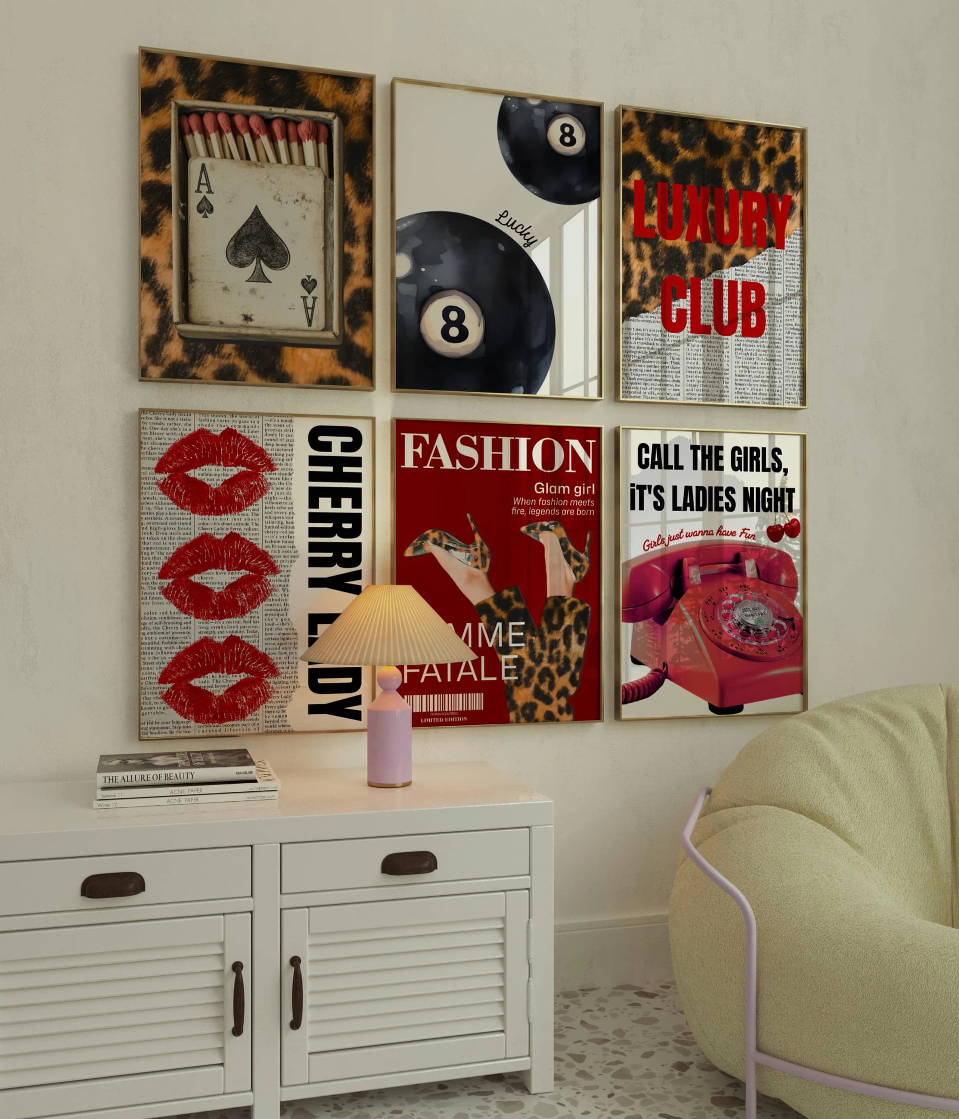 Leopard wall art set, Red Fashion Wall Art 6 Prints Set, leopard 8 ball poster, bedroom wall decor, trendy leopard definition print cheetah - Image 1