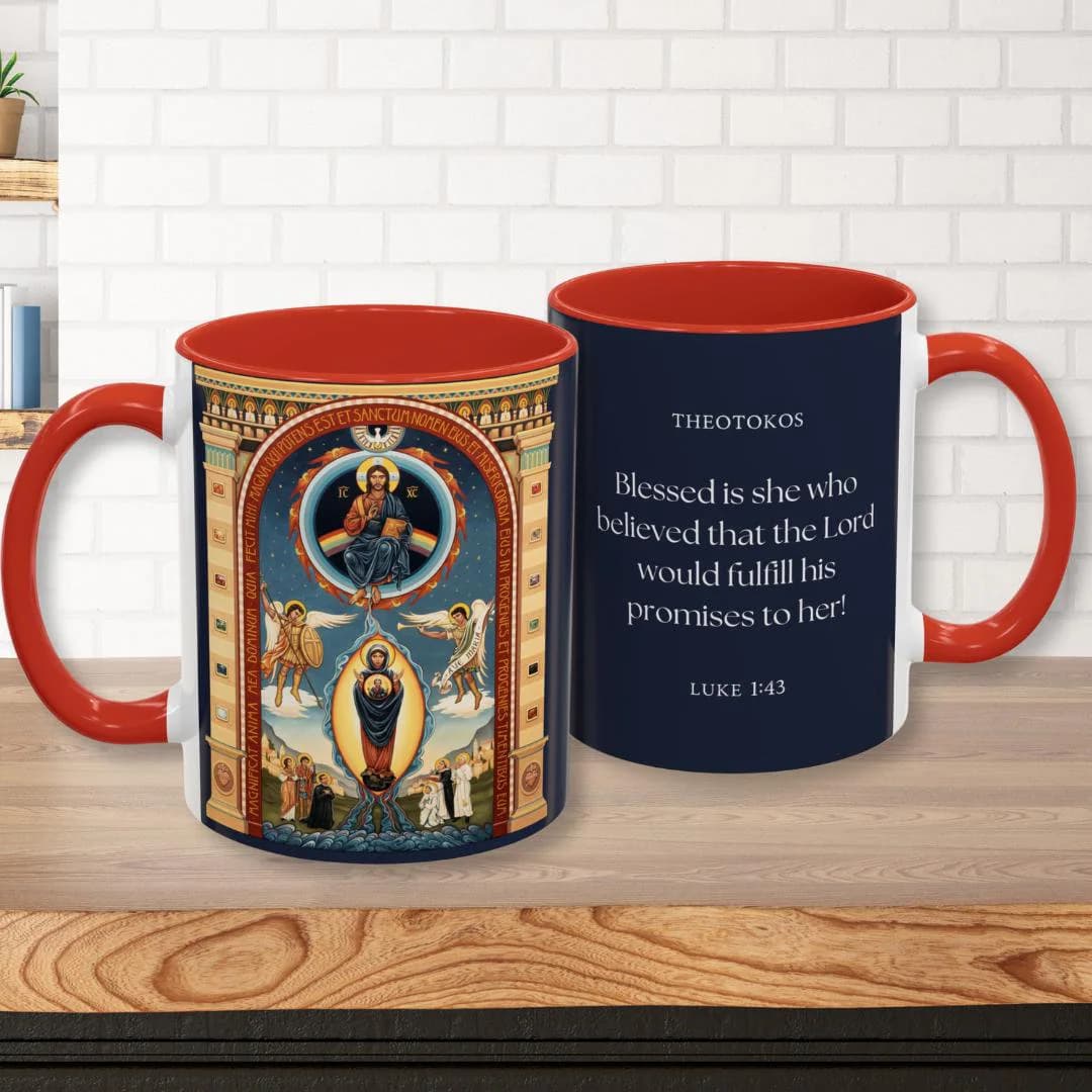 Theotokos Sacred Art Catholic Coffee Mug - Blessed Virgin Mary + Jesus Icon Mug - Traditional Catholic Tea Cup - Mother Mary Coffee Cup - Image 1