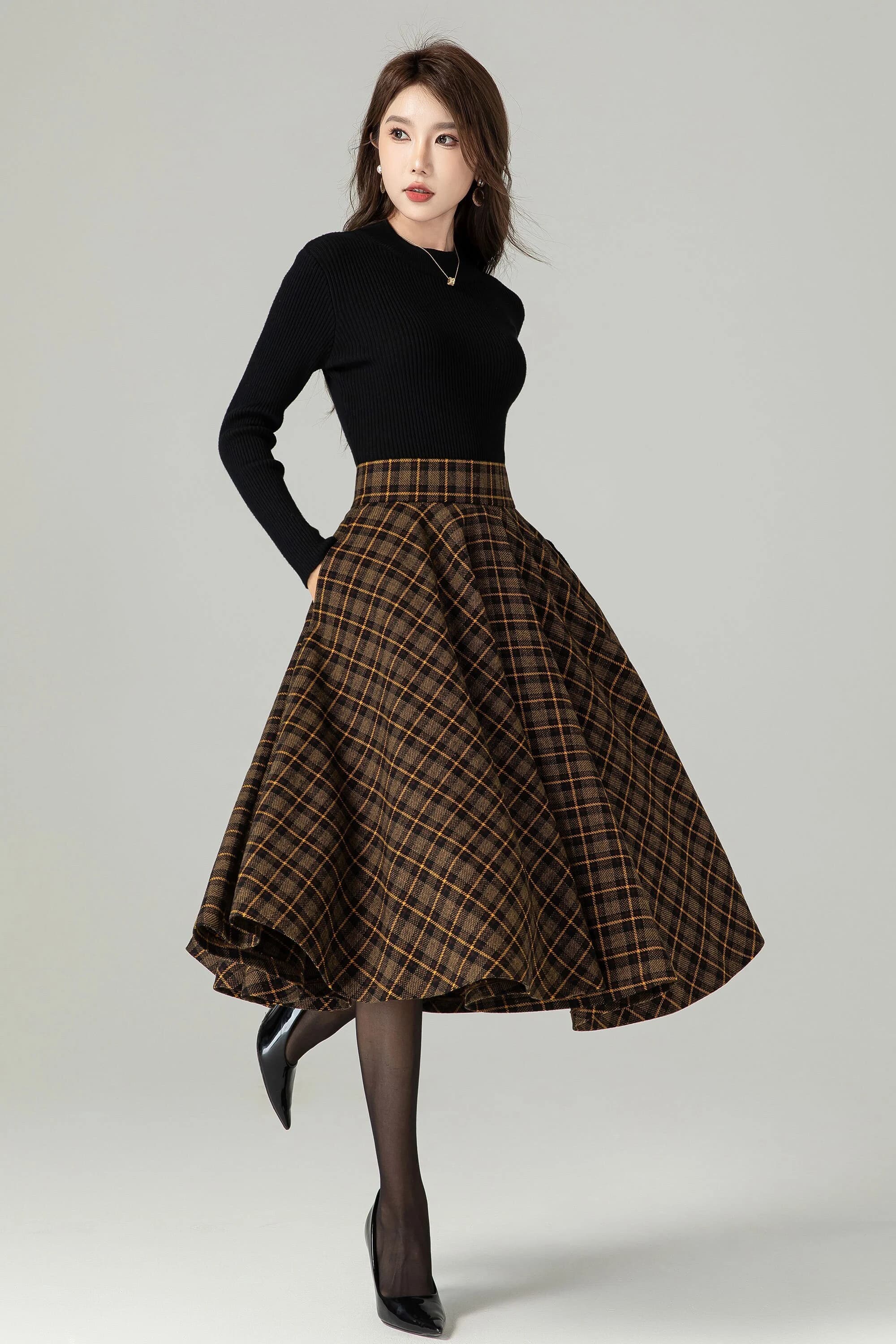 Midi Wool Plaid Skirt, Swing Wool Skirt, Wool Circle Skirt, Winter Autumn Skirt Women, High Waisted Wool Skirt, Retro Tartan Wool Skirt 4498 - Image 1