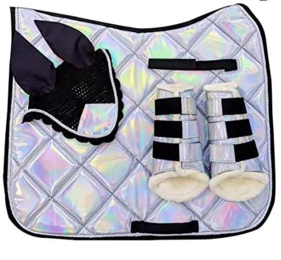 Holographic Saddle Pad Set โ 3pc Equestrian Set with Glitter Pad, Matching Fly Veil & Boots โ Futuristic Riding Tack - Image 1