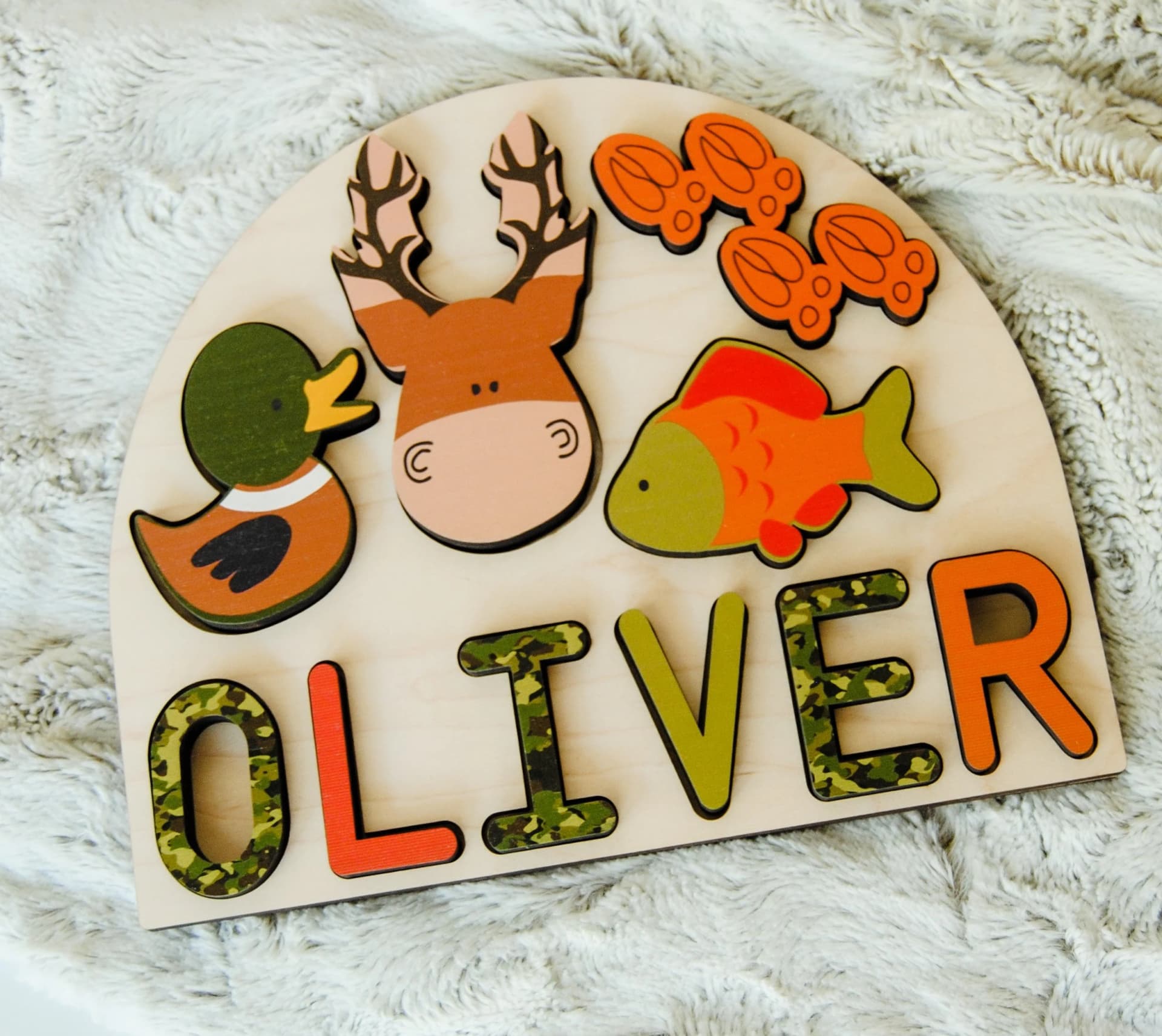 Sportsman name puzzle with deer, mallard duck and fish for kids. Great gift idea for baby shower, birthday or learning tool. - Image 1