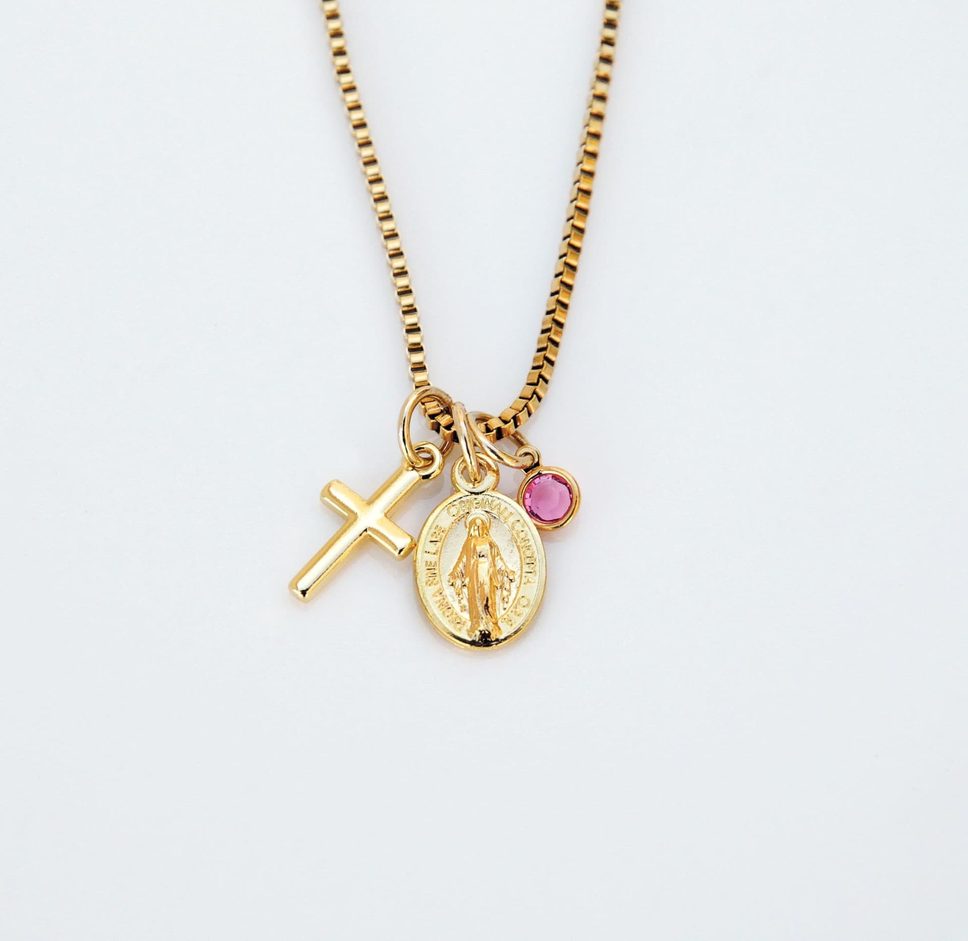 Tiny Gold Tone Cross and Miraculous Medal Virgin Mary Necklace, Birthstone, Confirmation Gift for Girls, Dainty Religious Jewelry for Her - Image 1