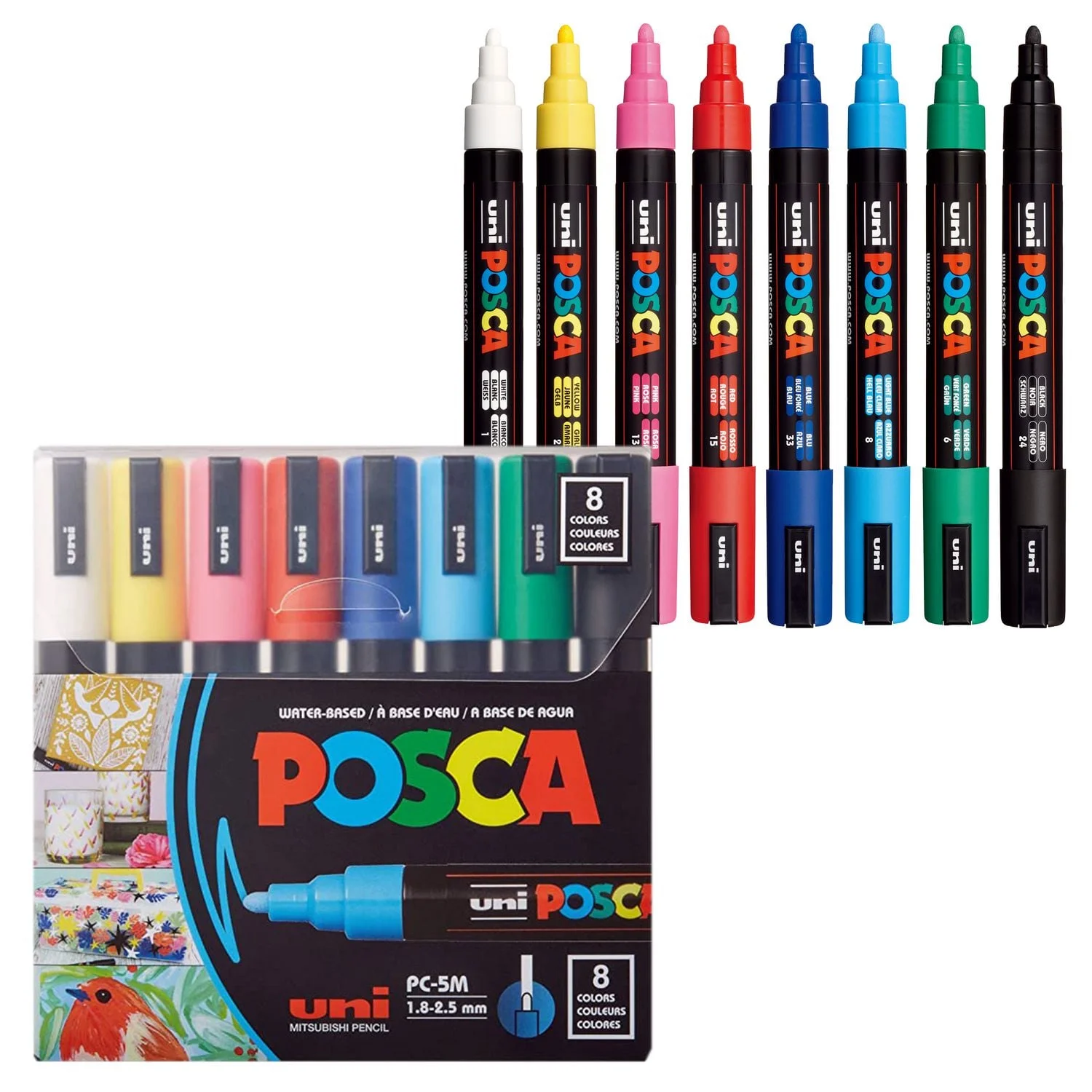 uni® POSCA PC-5M Water-Based Paint Markers, Reversible Medium Tip (1.8-2.5mm), Assorted Colors, 8 Pack, POSCA Markers,1.8-2.5mm, 8ct - Image 1