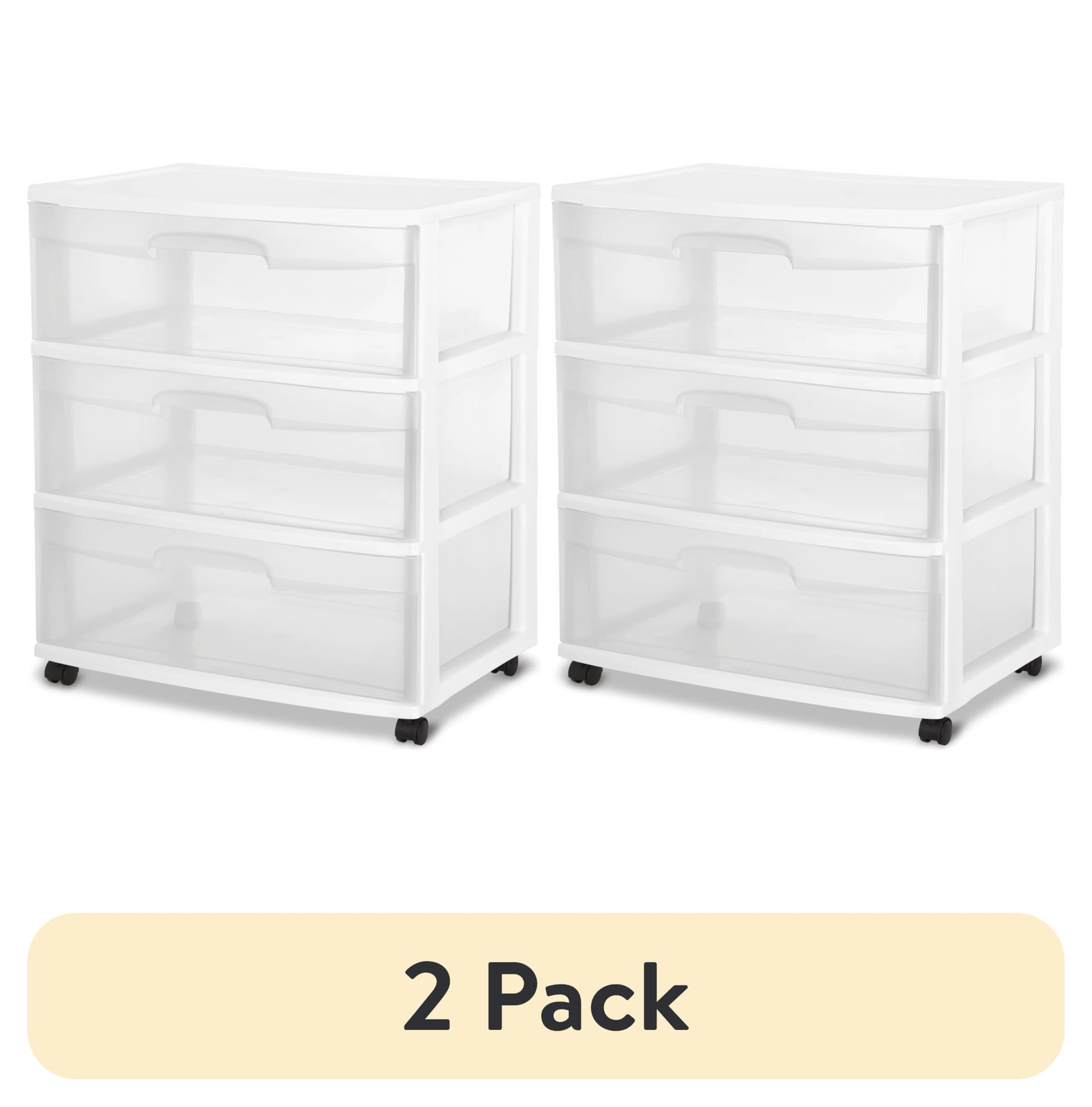(2 pack) Sterilite Storage Drawer, 3 Drawer Wide Plastic Storage Cart with Clear Pull Out Drawers, White - Image 1