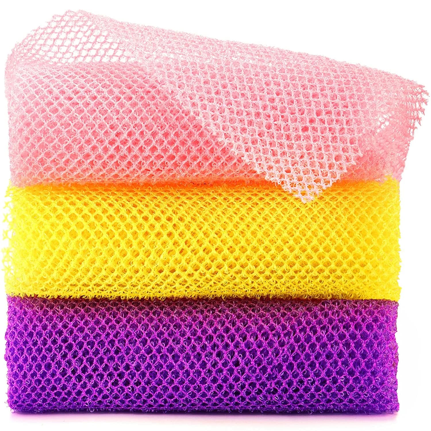 3 Pieces African Bath Sponge African Net Long Net Bath Sponge Exfoliating Shower Body Scrubber Back Scrubber Skin Smoother,Great for Daily Use (Pink ,Yellow,Purple) - Image 1