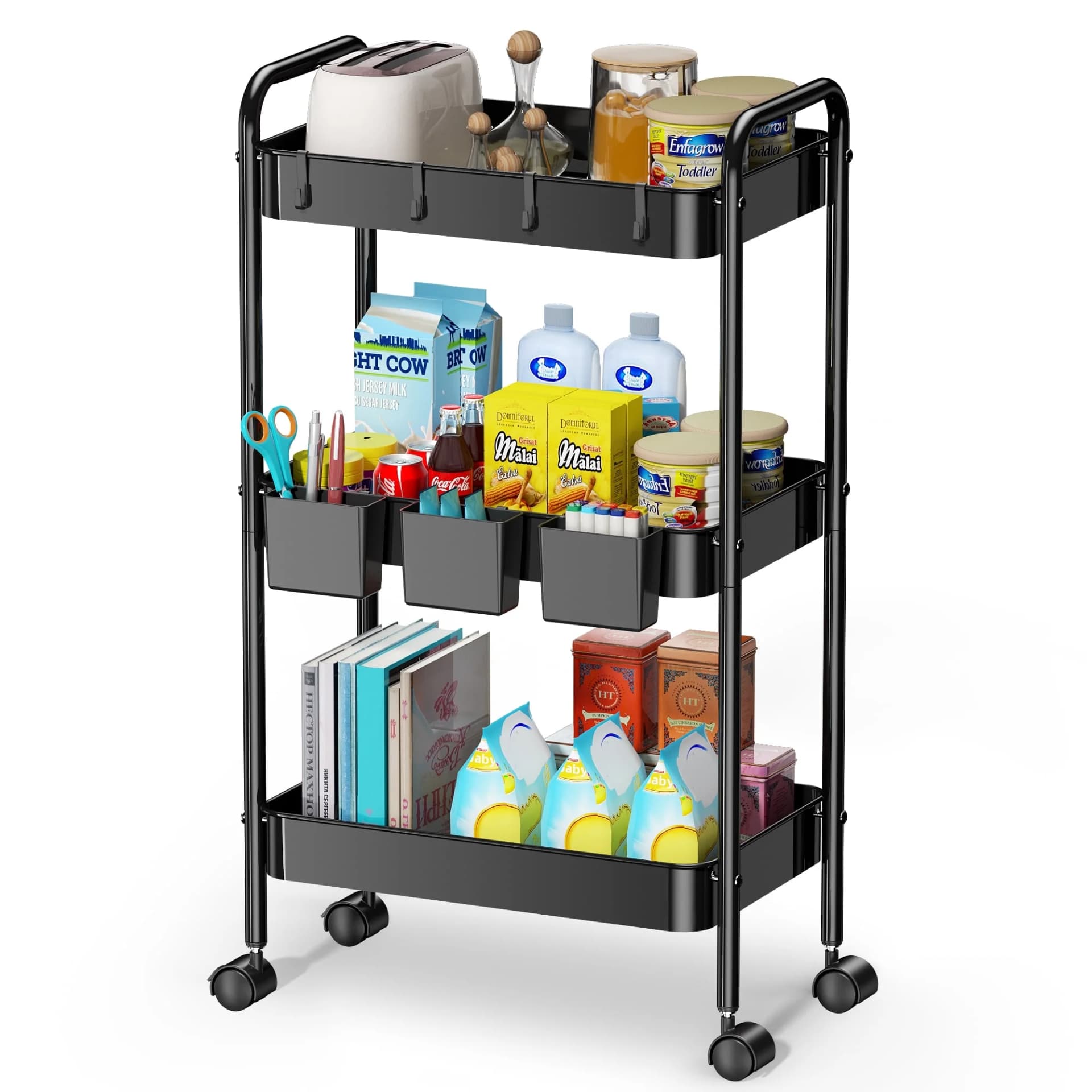 3 Tier Mesh Utility Cart, Rolling Metal Organization Cart with Handle and Lockable Wheels, 3 Hanging Cups and 4 Hooks, Mobile Trolley Cart for Kitchen, Bathroom, Office, Workshop, Black - Image 1