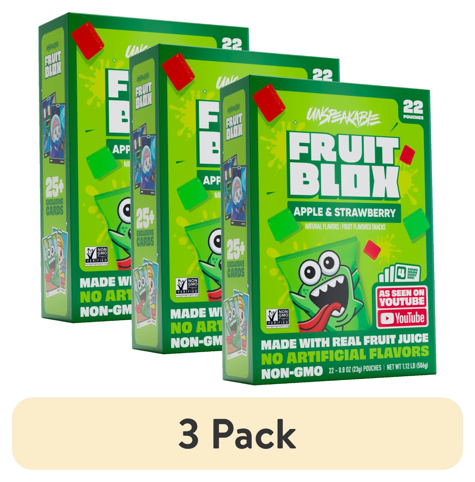 (3 pack) FruitBlox Unspeakable Apple Strawberry Fruit Snacks, 22 Count - Image 1