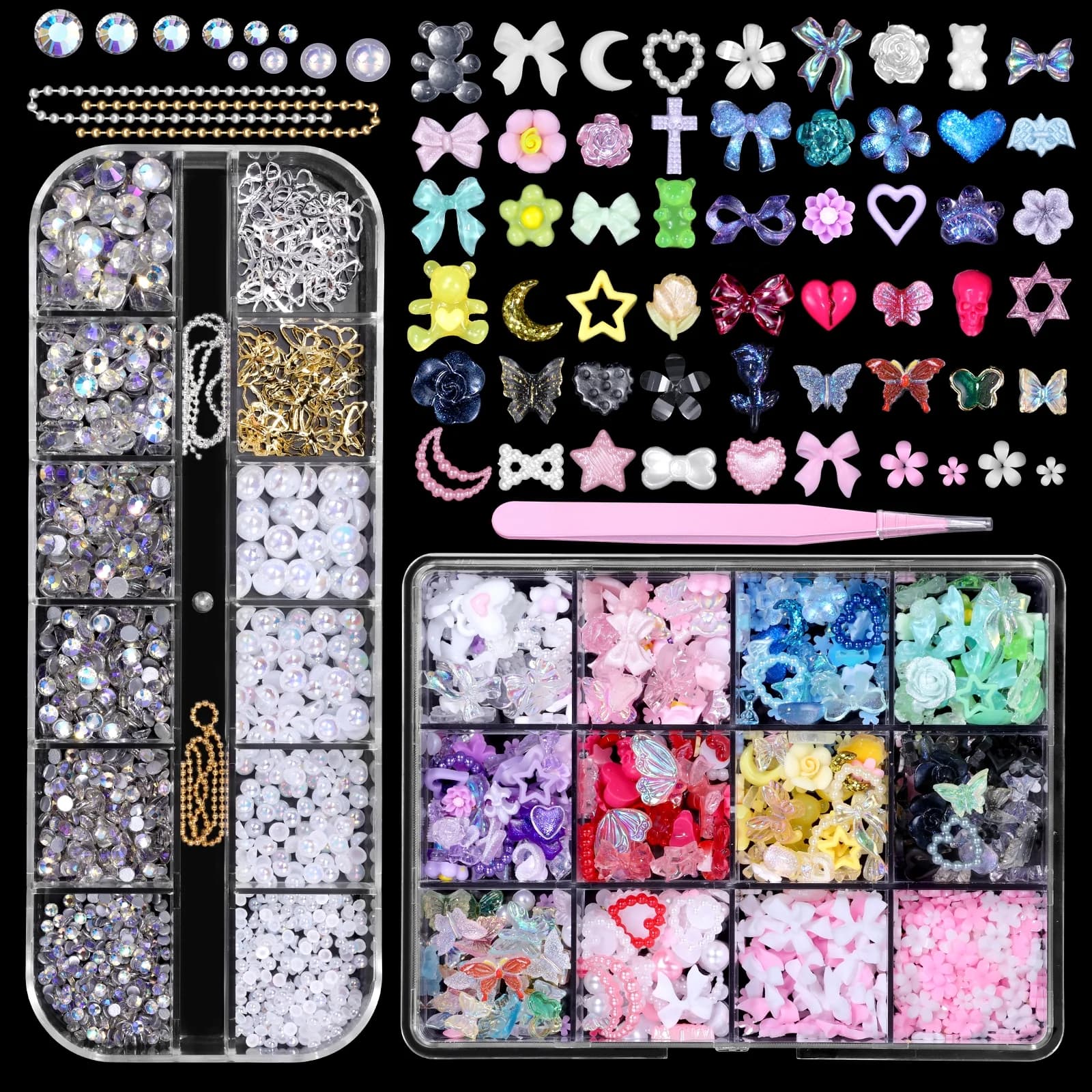 3D Nail Charms Set, Color Butterfly Blossom Flower Bow Moon Heart Star Nail Art Charms, Half Round Pearl+Flatback Gems AB+Hollow Butterfly Alloy Nail Charms DIY Nail Art Supplies Accessories - Image 1