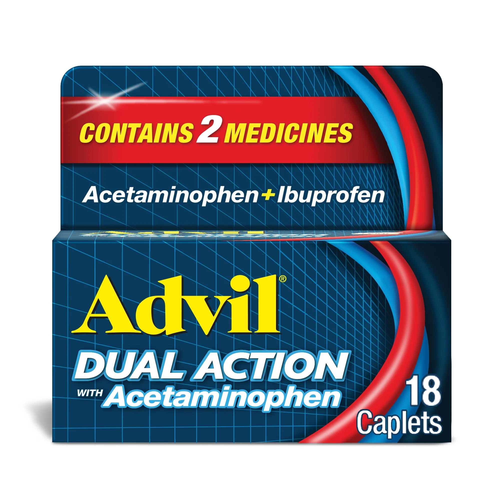 Advil Dual Action Pain Relievers Coated Caplets, 125 mg Ibuprofen and 250 mg Acetaminophen, 18 Count - Image 1