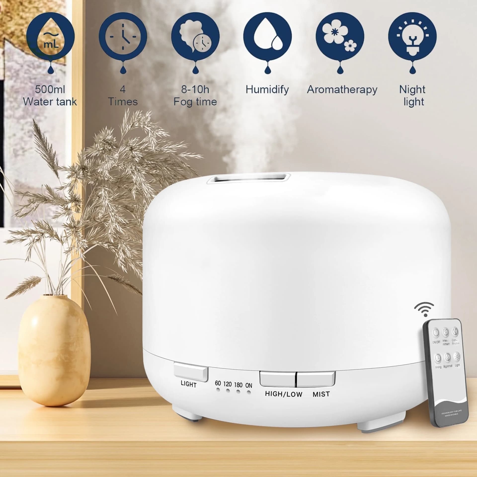 BCOOSS 500ml Essential Oil Diffuser with Remote Control , Aroma Diffuser Air Humidifier for Home - Image 1