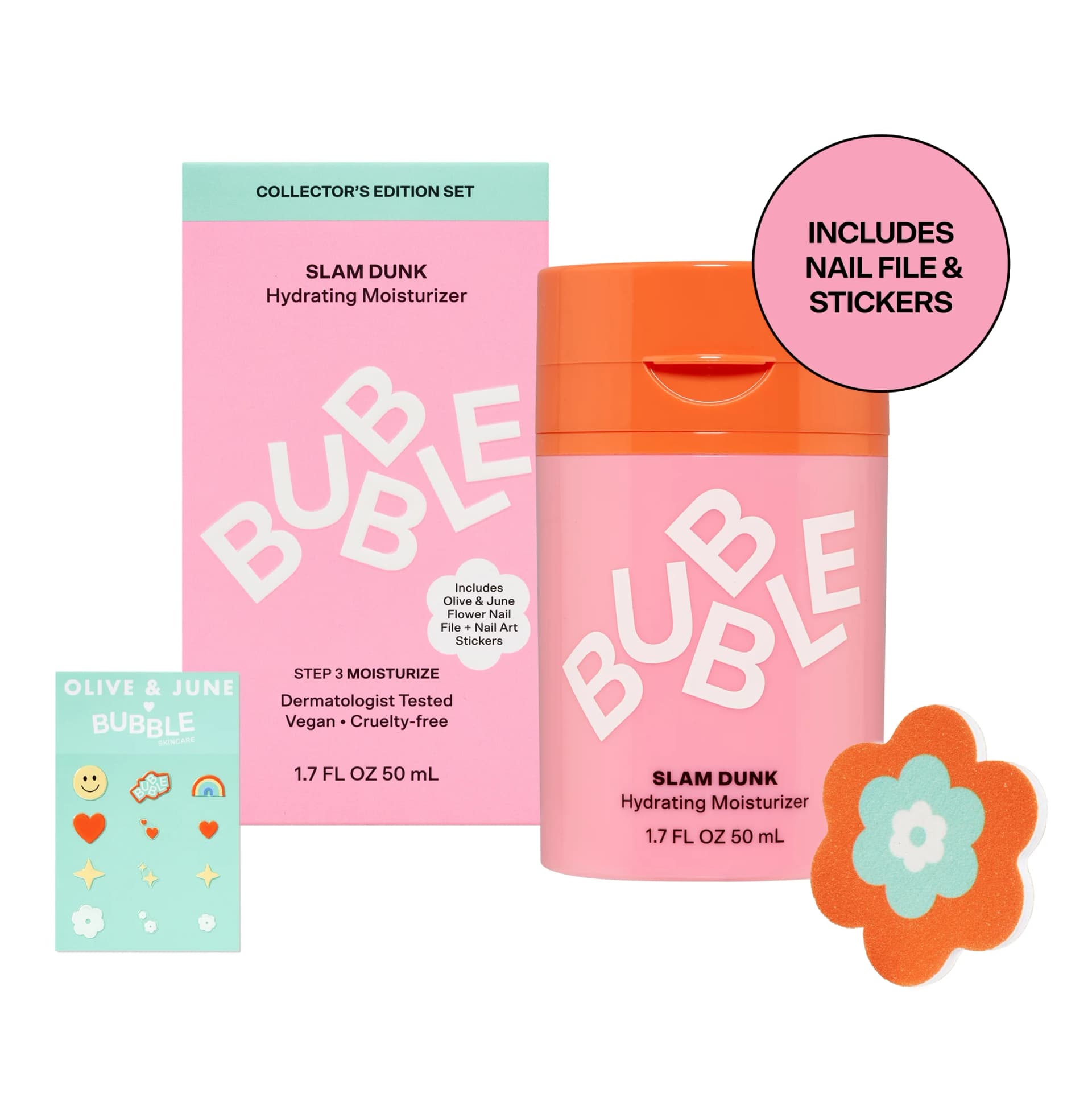 Bubble Skincare Limited Edition Pink Slam Dunk Collector's Edition Set, Includes Olive & June Flower Nail File and Nail Stickers, 3 Piece Set - Image 1