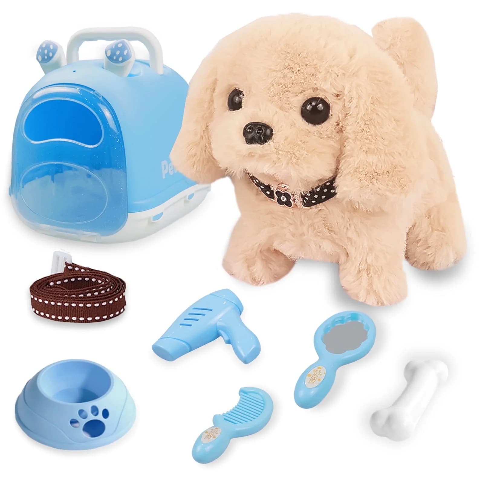 Caunedy Pet Care Play Set, Little Plush Yellow Dog Grooming Toys with Puppy Carrier Feeding Dog Educational Toys for Toddler Kids - Image 1