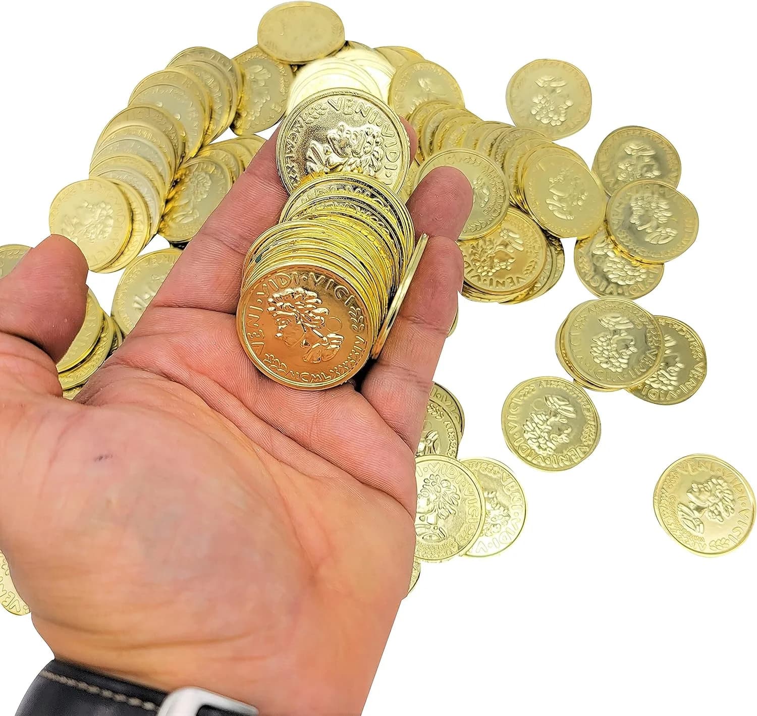 Cool Pirate Gold Coins (144 Pieces) Treasure Coins for Kids. 3D Design. Antique Look. Plastic. Large - 1 3/8" Great Party Favor for Kids - Image 1