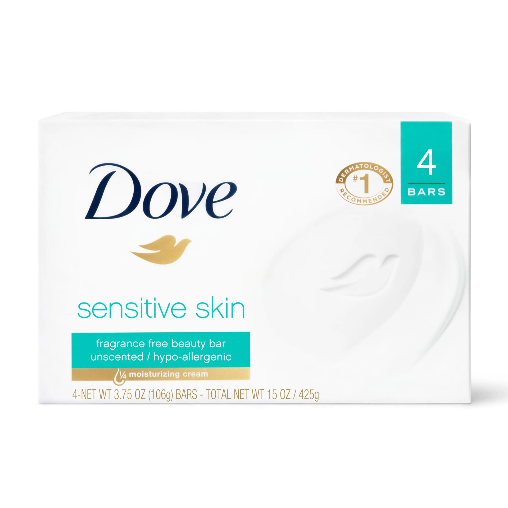 Dove Beauty Bar Women's Bath Soap Sensitive Unscented Hypoallergenic for Sensitive Skin, 3.75 oz 4 Bars - Image 1