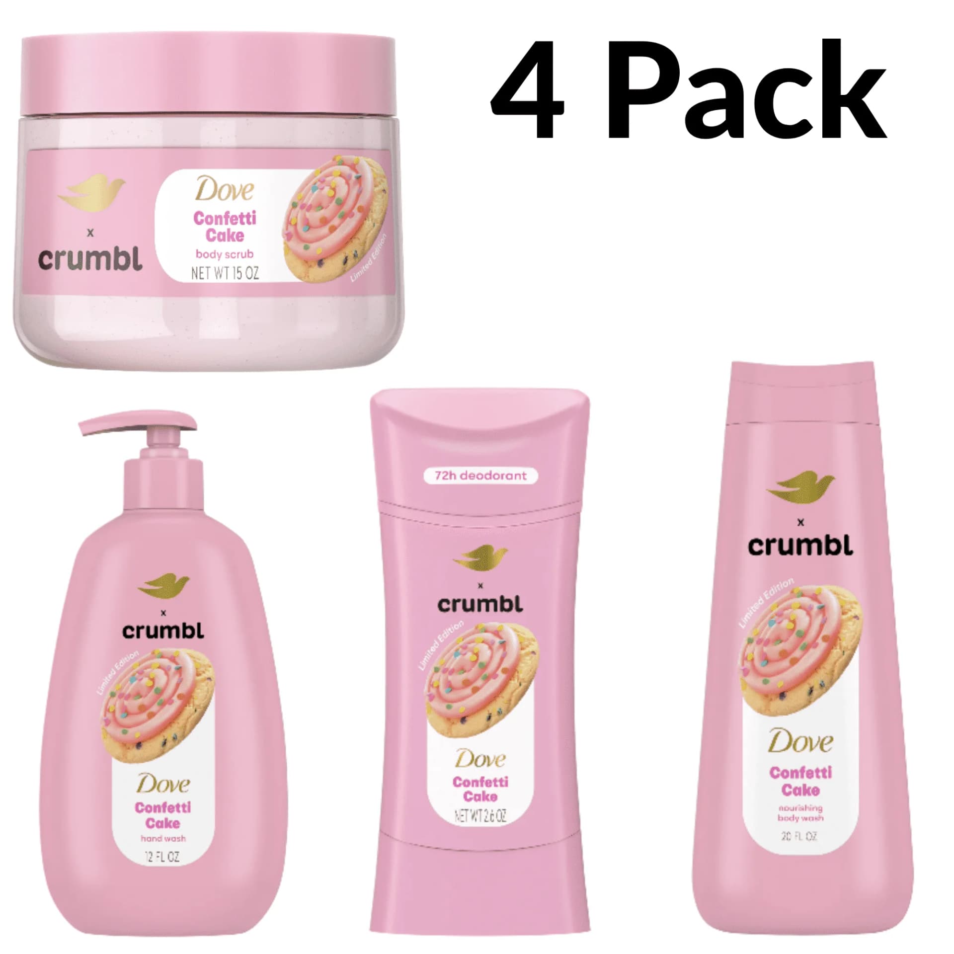 Dove x Crumbl Lemon Glaze Collection – Moisturizing Body Wash 20 oz, Exfoliating Body Scrub 15 oz, Aluminum-Free Deodorant 2.6 oz, and Hand Wash 12 oz with Sweet Sugar Cookie 4 Pack - Image 1