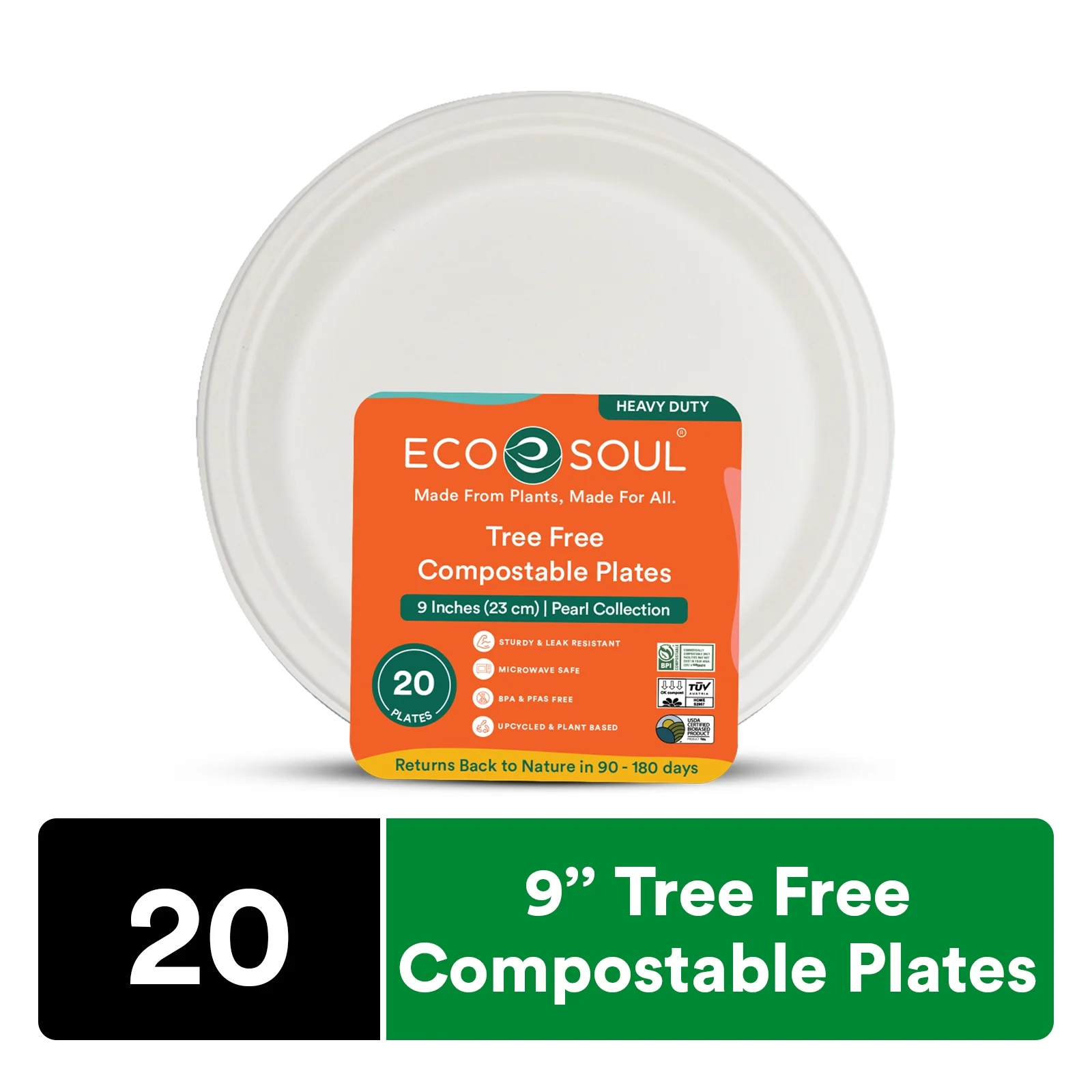 ECO SOUL Tree Free Compostable Plates 9 inches (23 cm), 20 plates | Pearl Collection - Image 1