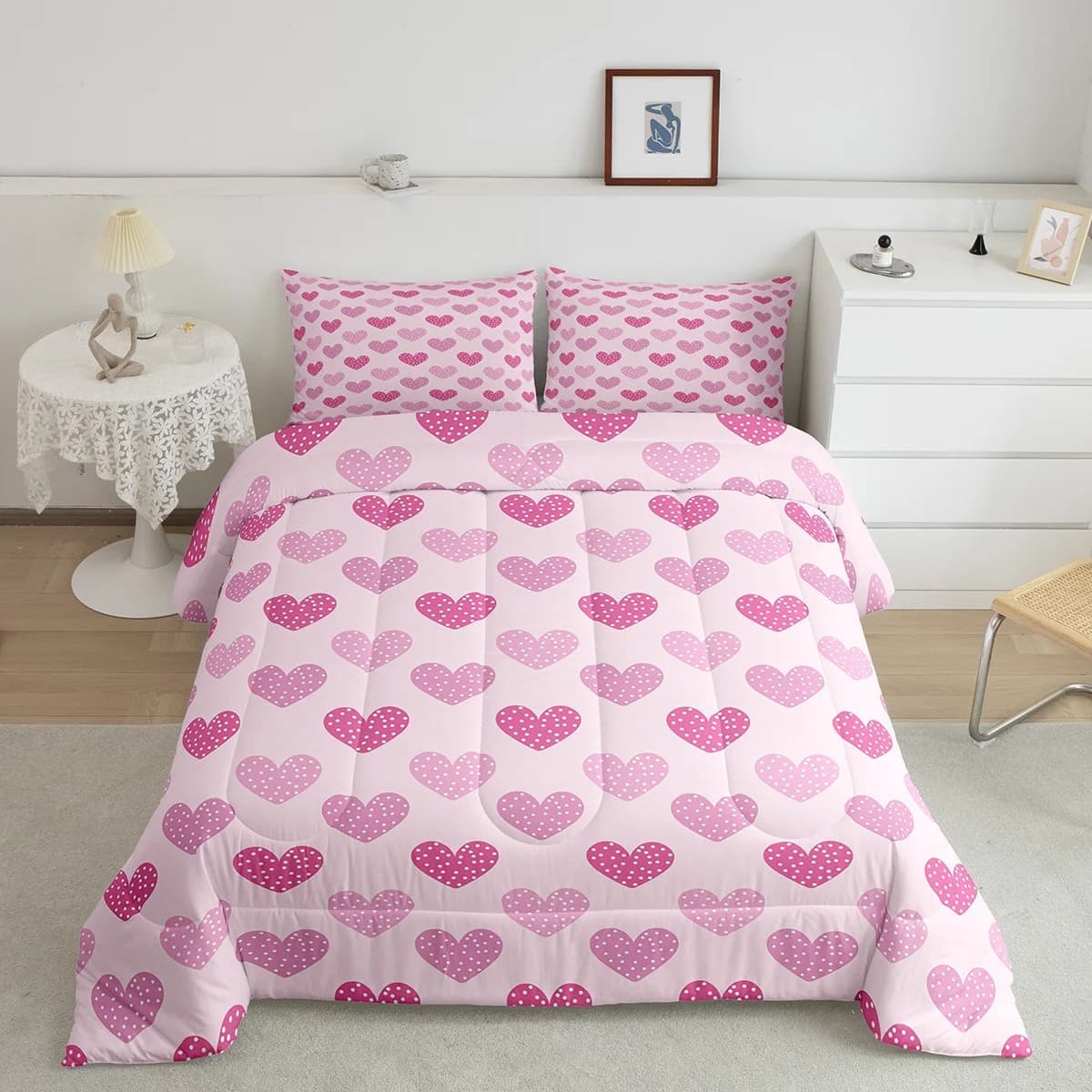 Erosebridal Pink Love Heart Print Bedding Sets Queen with Comforter , Valentine's Day Duvet Insert, REversible 3 Pieces, Lightweight - Image 1