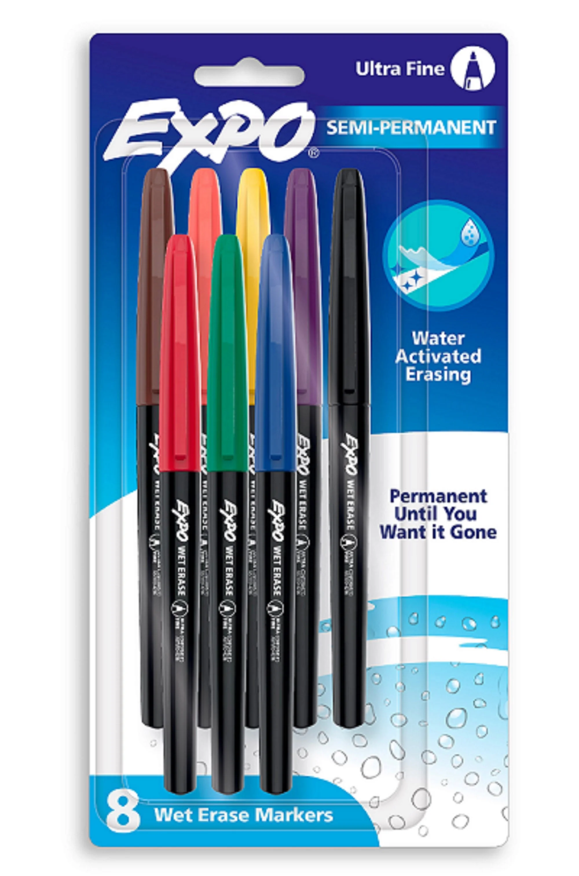 Expo Wet Erase Semi-Permanent Markers, Assorted, Ultra Fine Tip, 8 Count - Image 1
