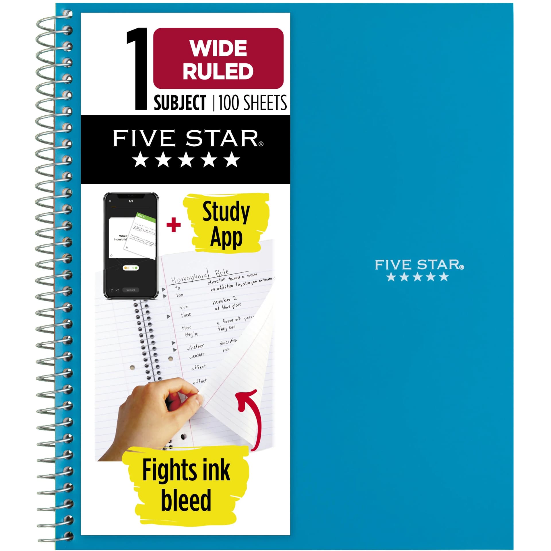 Five Star 1 Subject Wide Ruled Notebook Plus Study App, 8" x 10.5", Tidewater Blue, Poly, Spiral, 100 Sheets - Image 1