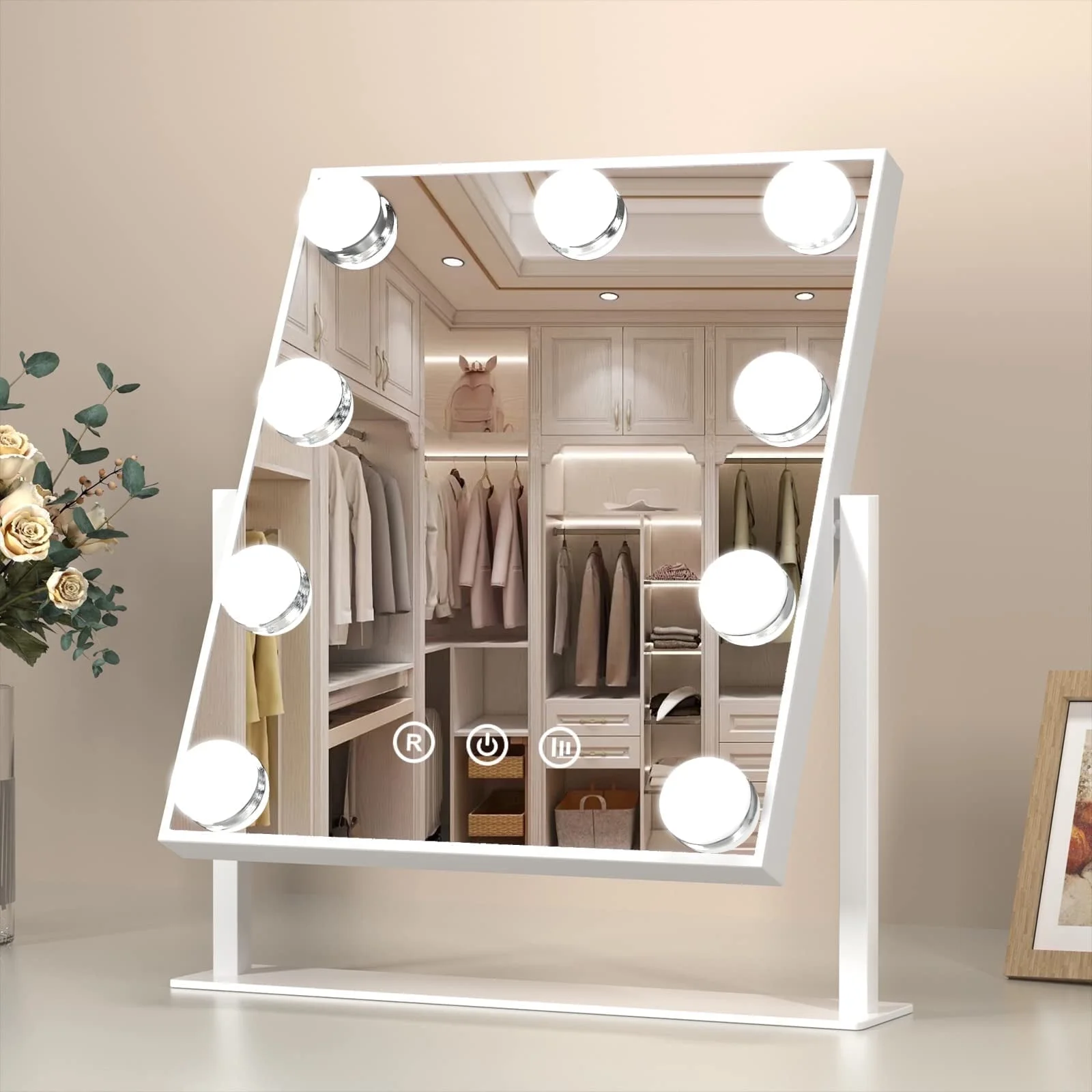 Funtouch DP331 Square Alloy Steel Tabletop White Makeup Mirror with Charging, 3 Color Vanity Mirror with Lights, 360 Degree Rotation - Image 1