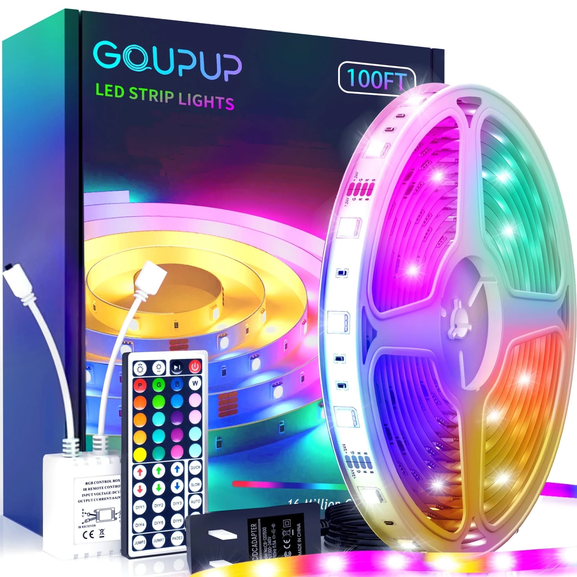 GUPUP LED Strip Lights,100ft Color Changing Lights with 44 Key IR Remote and 24V Power Supply,Safe for Indoor Decor - Image 1