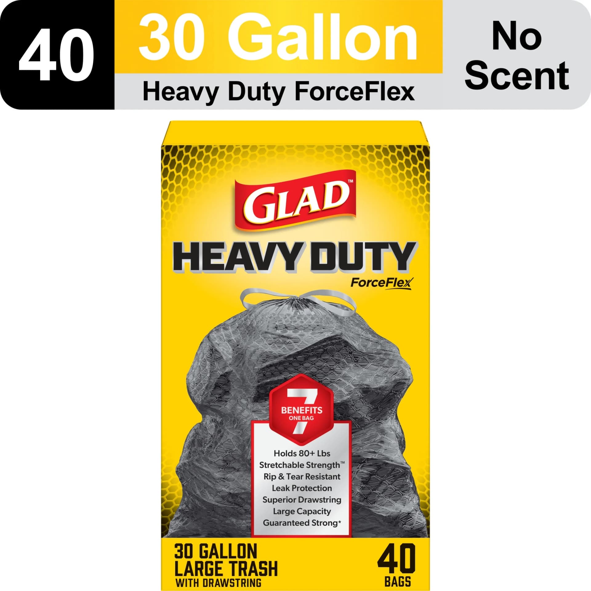 Glad ForceFlex Heavy Duty Large Drawstring Trash Bags, Hold 80+ Pounds, 30 Gallon, 40 Count - Image 1