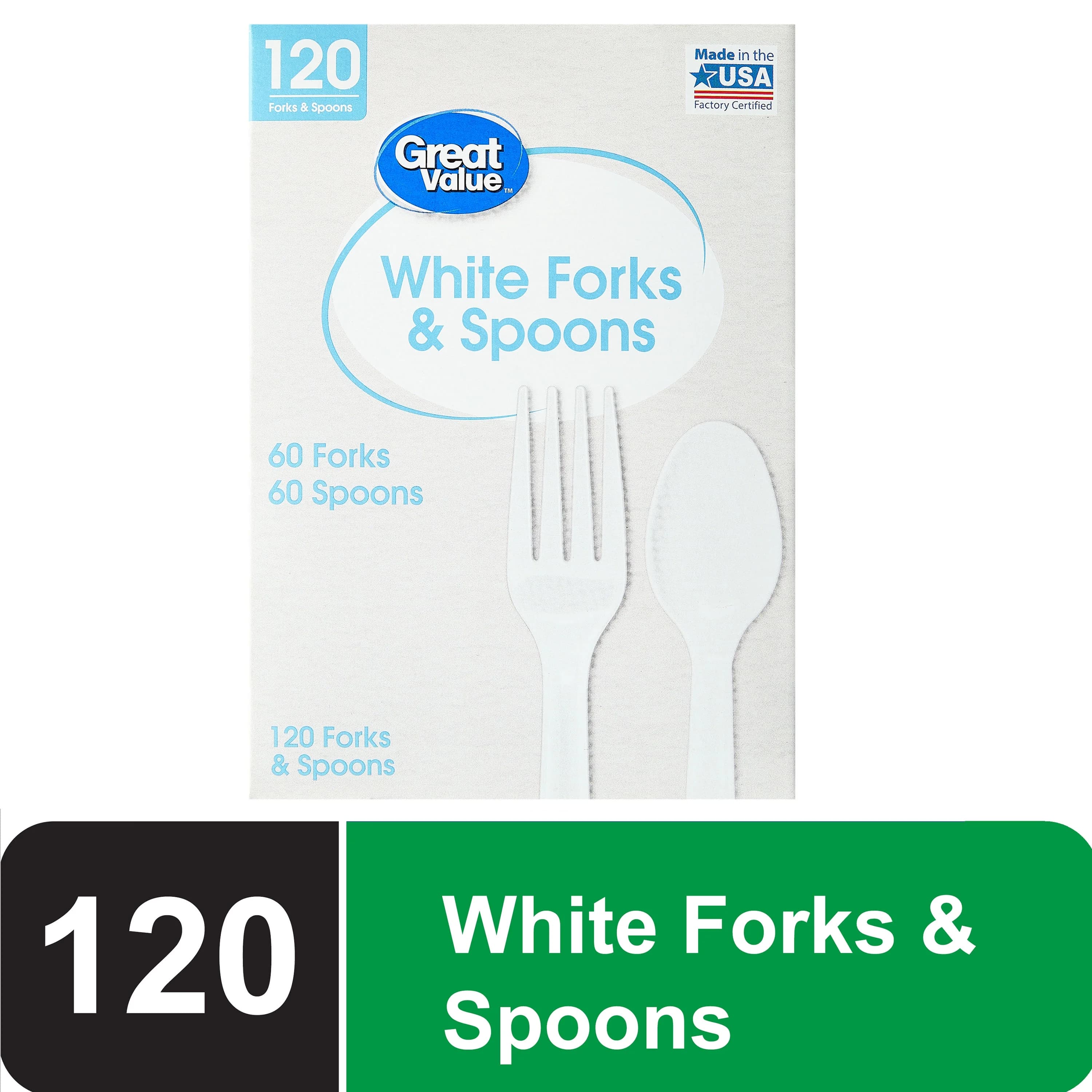 Great Value Disposable Plastic White Forks and Spoons, 120 Count includes 60F/60S - Image 1