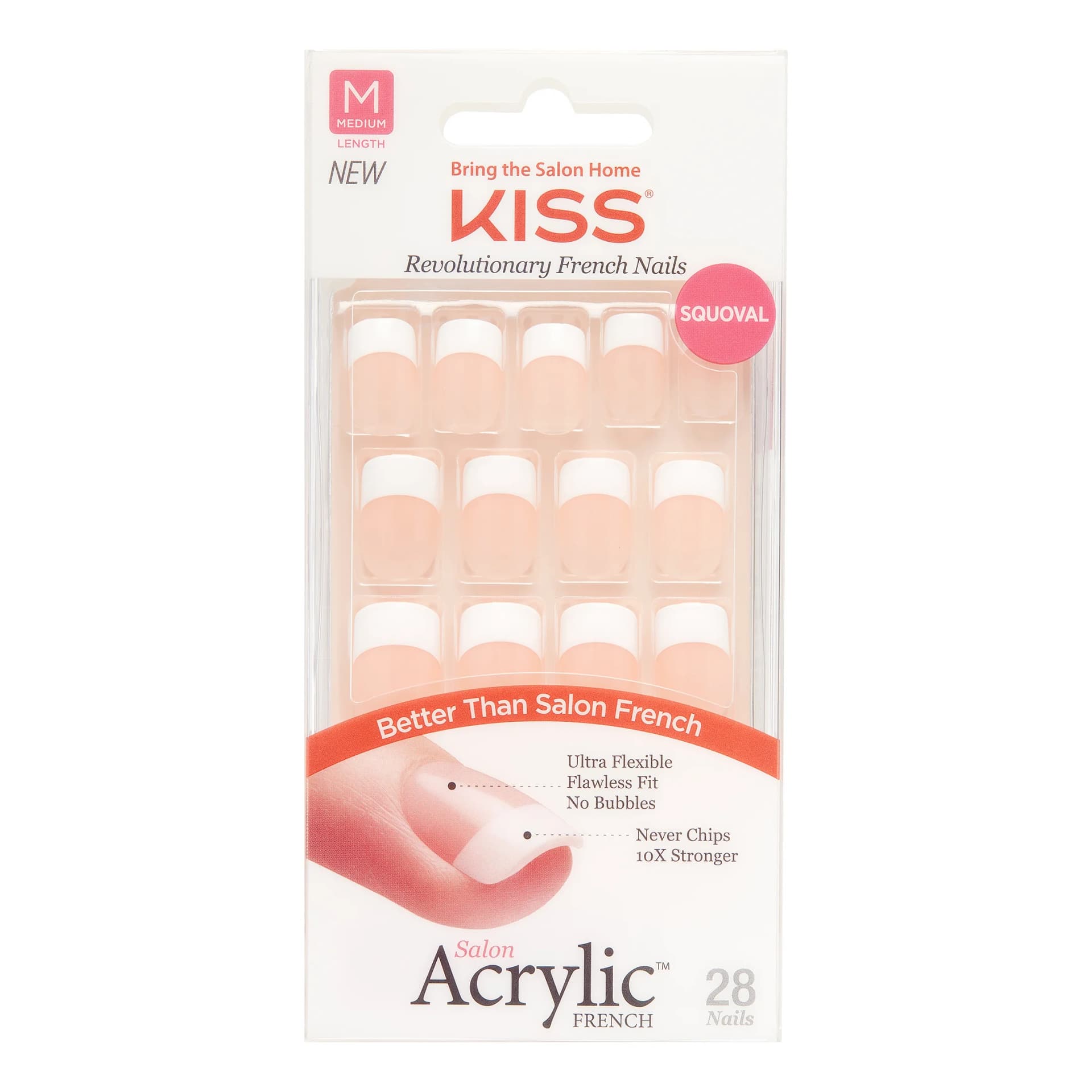 KISS Salon Acrylic Medium Squoval Press-on Nails with Glue, Nude French, 28 Pieces - Image 1