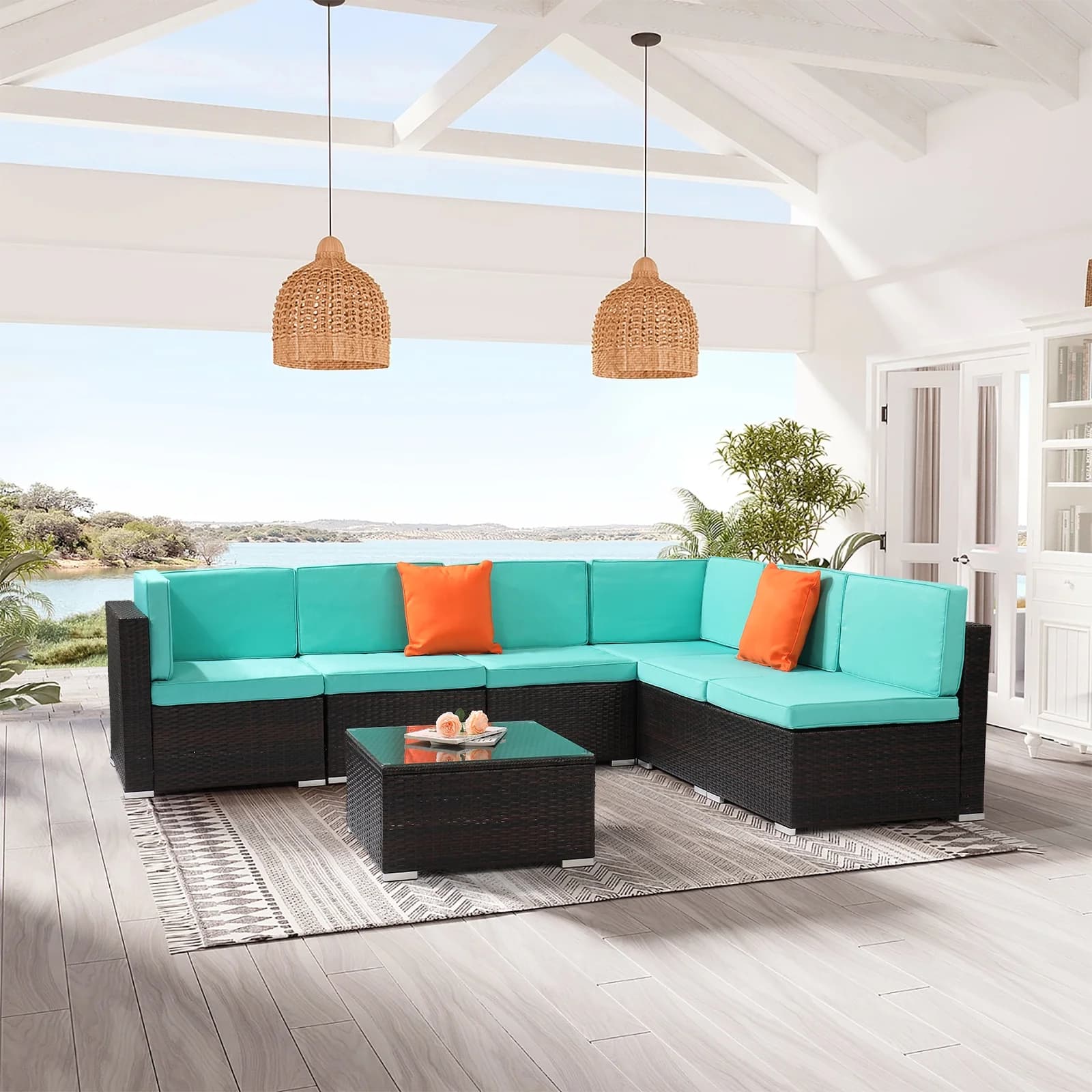 Ktaxon 7 PCS Rattan Wicker Sectional Set Patio Furniture Set, All Weather Rattan Conversation Set, Lake Blue Cushion Wicker Furniture Set for Patio Garden, Poolside, Balcony - Image 1