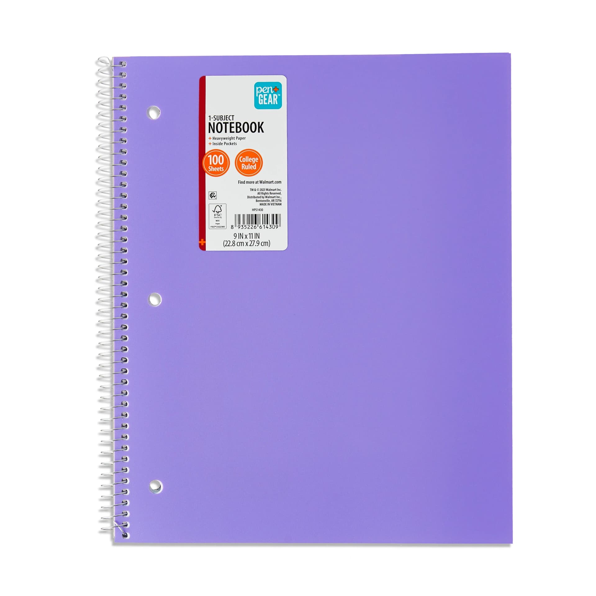 Pen + Gear College Ruled Poly 1-Subject Notebook with Inside Pockets, 9" x 11", Purple, 100 Heavyweight Sheets - Image 1