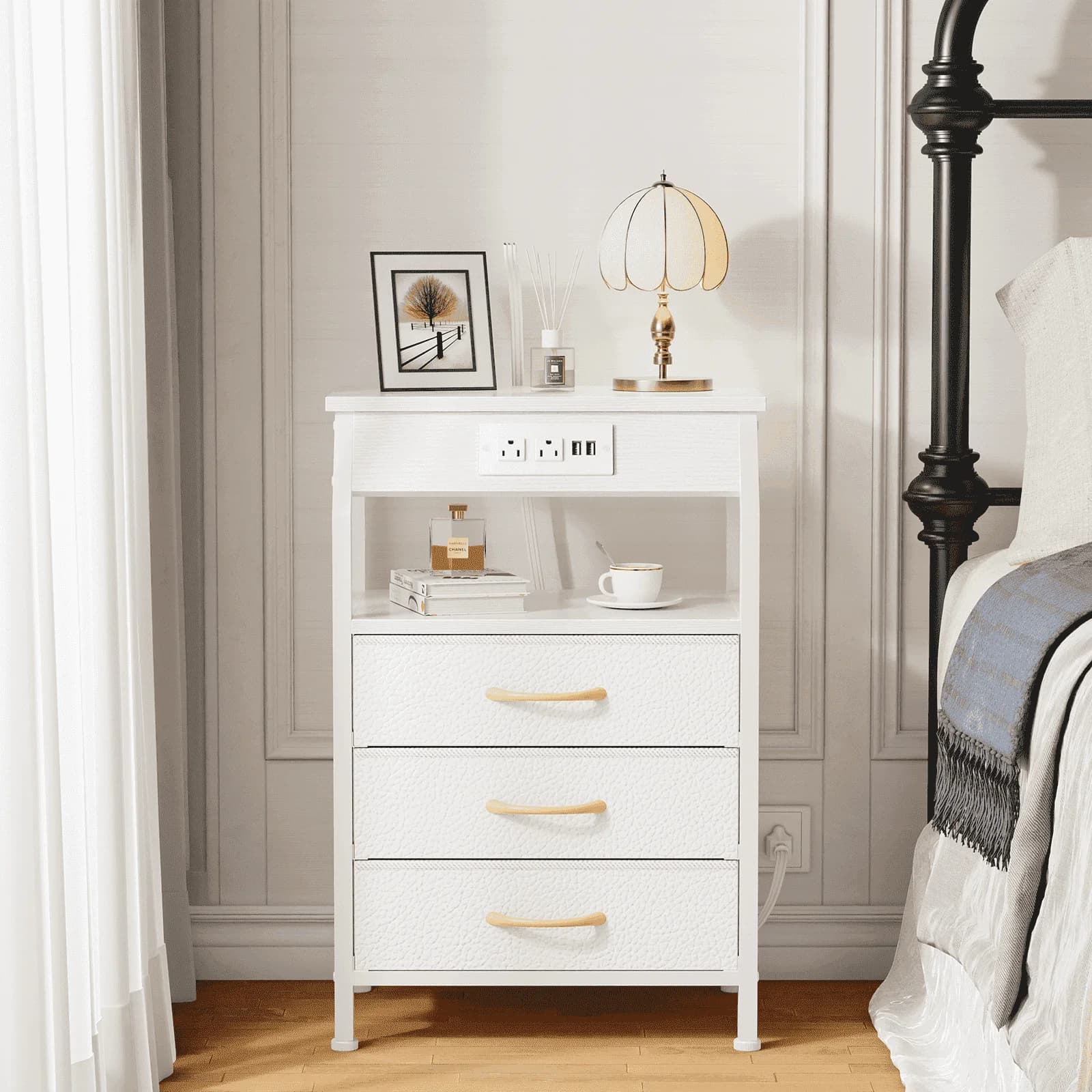 TYDIMOR Nightstand Bedside Table with Charging Station, 3 Drawer Dresser for Bedroom Furniture, White, Modern Style, Adults - Image 1