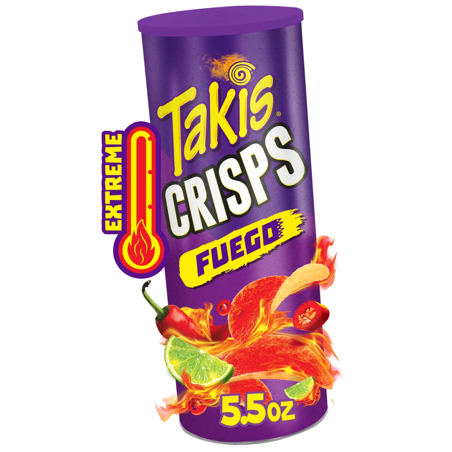 Takis Fuego Crisps 5.5 oz Sharing Size Can, Hot Chili Pepper & Lime Potato Crisps - Image 1
