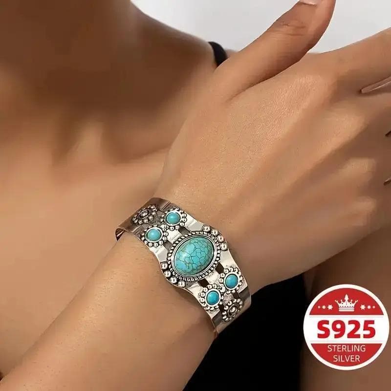 1 Unique Lapis Lazuli Inlay Bangle Bracelet - Vintage Bohemian Style S925 Sterling Silver Jewelry with Artificial Gemstones, Personalized Women's Hand Accessories, Fashionable and Chic Women's Gift Idea, Bracelet that Brings You Good Luck - Image 1