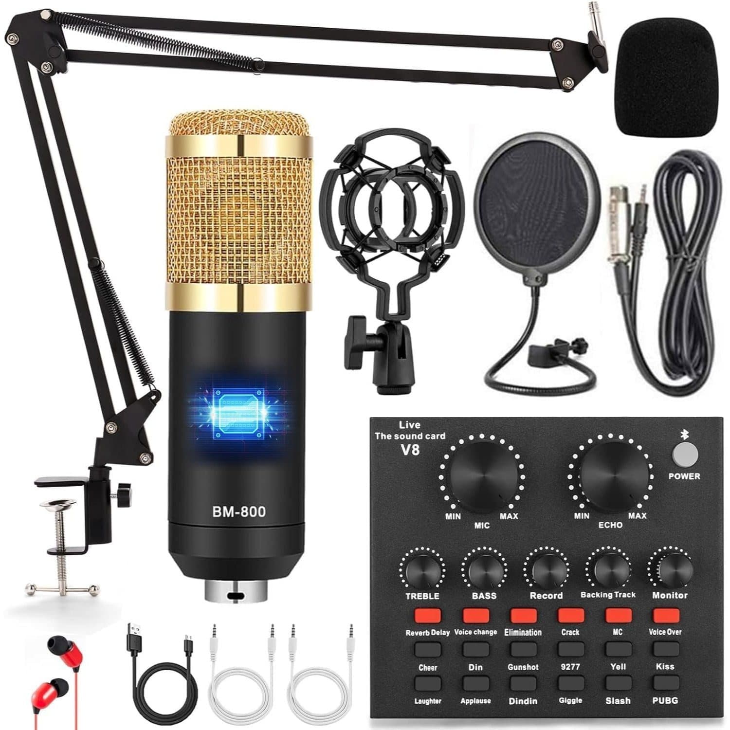 Podcast Equipment Bundle, V8 Audio Interface, Wired Microphone With All In One Live Sound Card And BM800 Condenser Microphone, Podcast Microphone, Perfect For Recording, Live Streaming - Image 1