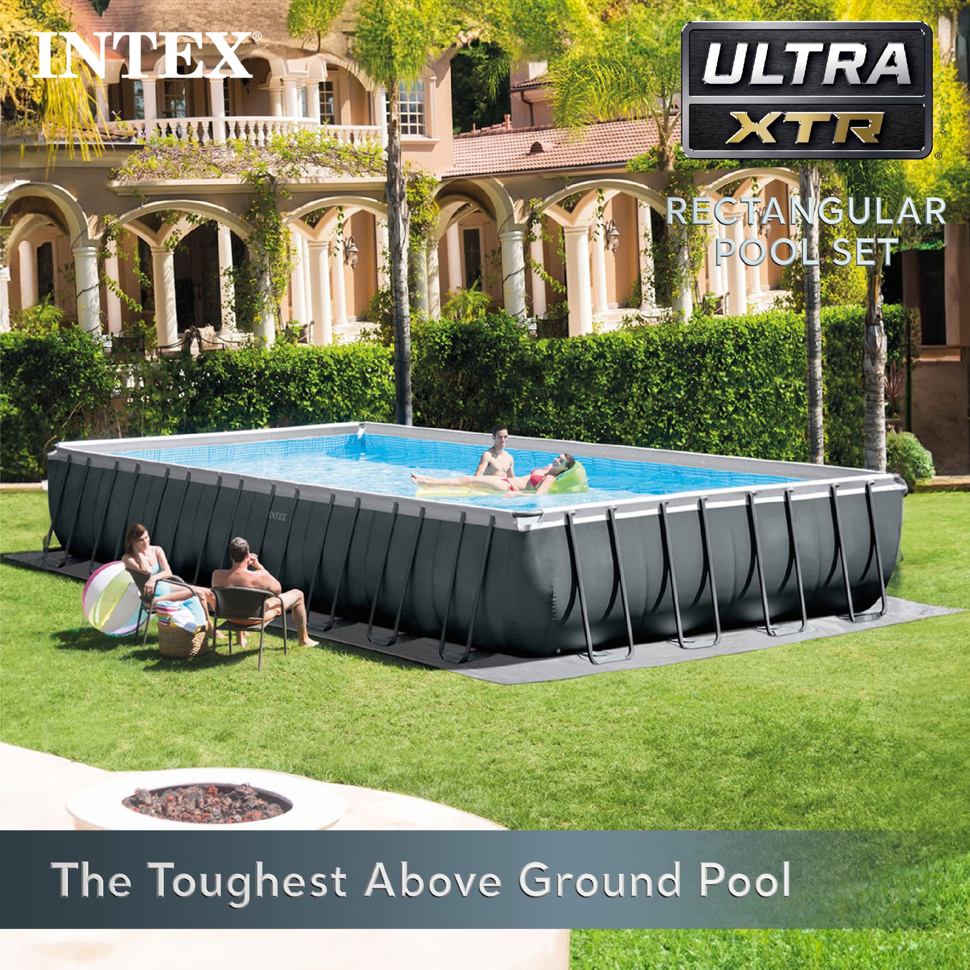 Intex 26373EH 32ft x 16ft x 52in Ultra XTR Frame Above Ground Rectangular Swimming Pool Set with Sand Filter Pump, Ladder, Cover, & Maintenance Kit - Image 1