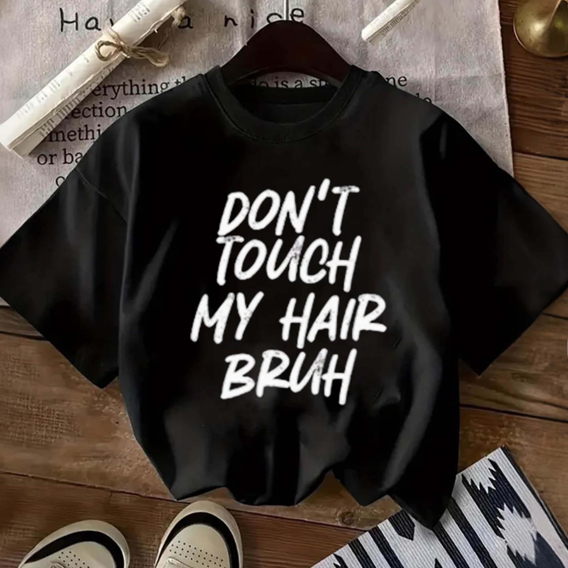 Girls' "Don't Touch My Hair Bruh" Graphic Tee - Soft Breathable Cotton Shirt, Loose Fit Streetwear Top with Bold Statement Print - Machine Washable Everyday Casual Outfit for Teens & Young Adults, Girls' T-shirts - Image 1