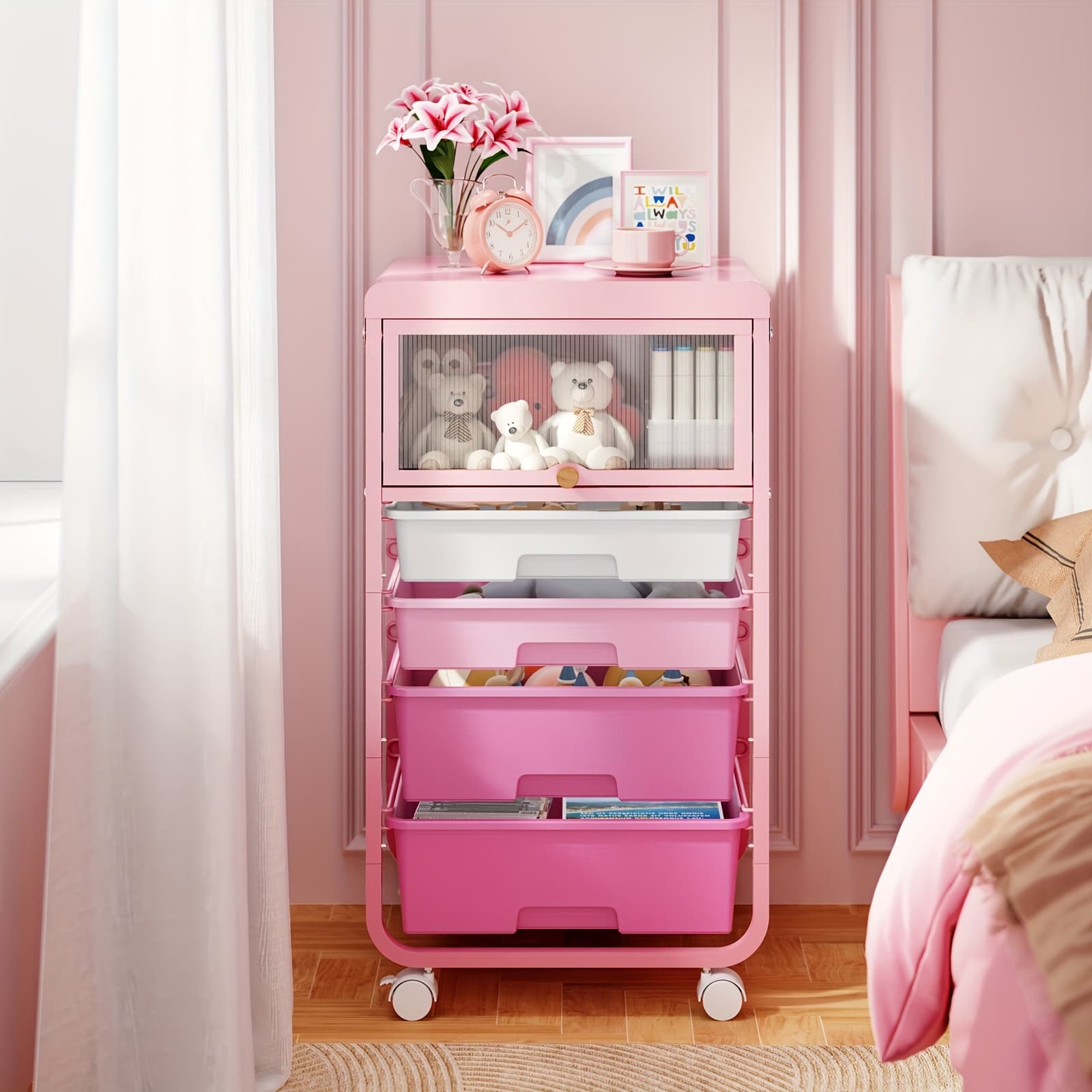 TOOLF Rolling Storage Cart With 4 Drawers, Utility Cart With Pink Drawers, Craft Cart, Teacher Organization For Office Organization, Bedroom, Classroom - Image 1