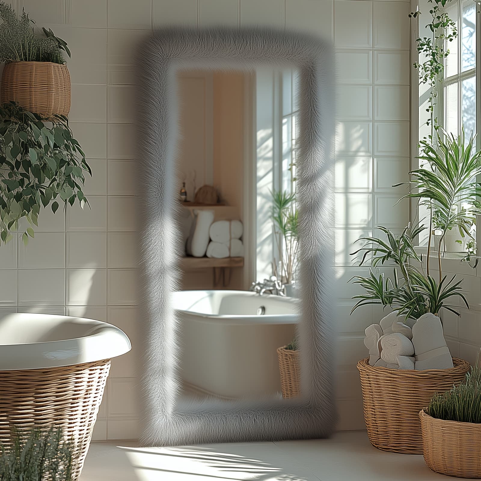 24''X 63''Rectangle Full Length Mirror Chic Faux Fur Framed Leaning Hanging Wall Mirror Full Body Dressing Mirror For Bathroom Bedroom - Image 1