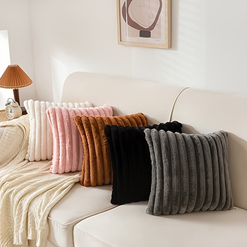 Faux Fur Plush Throw Pillow Covers Set Of 2 - Luxury Soft Fluffy Striped Decorative Pillow Covers For Sofa, Couch, Living Room - Image 1