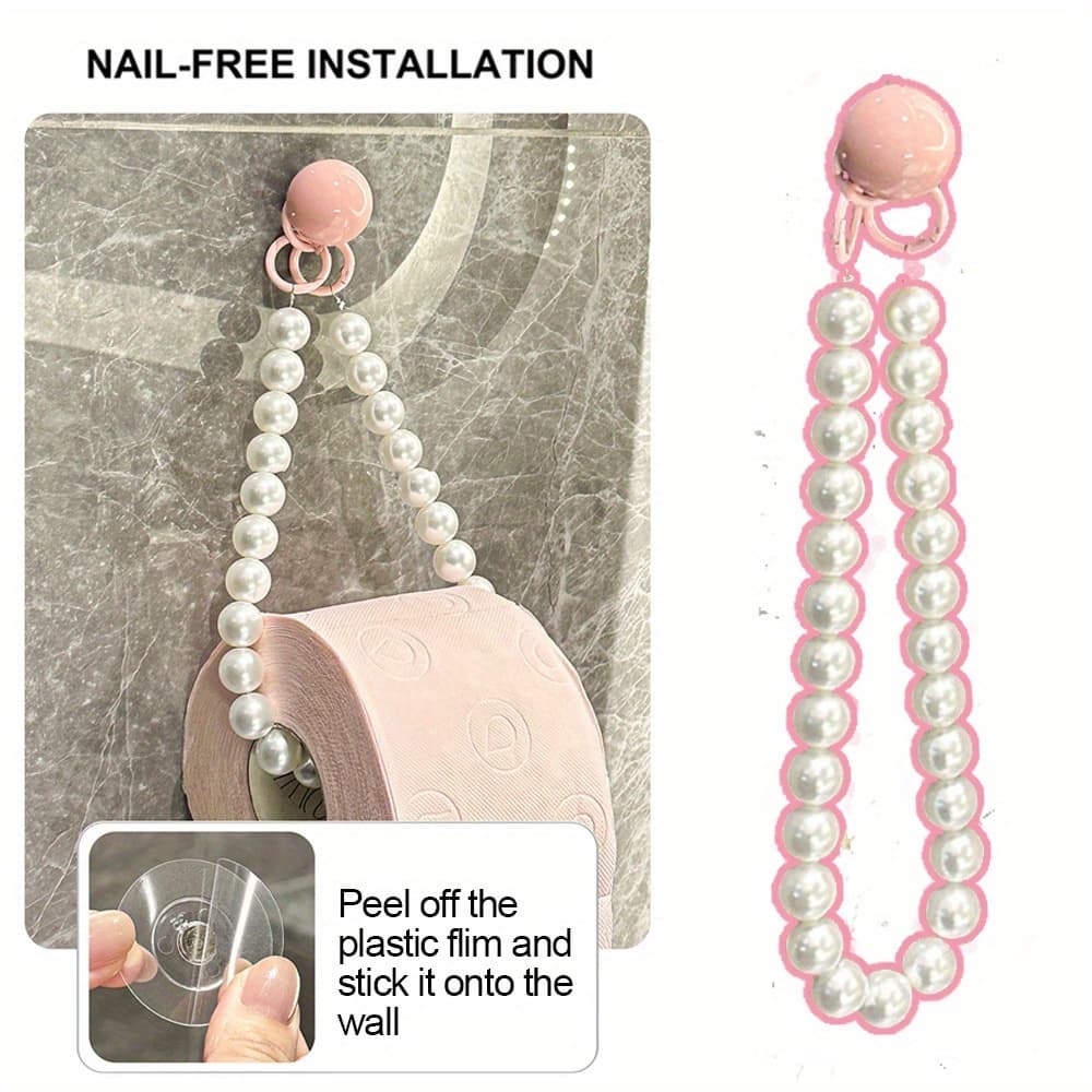 Elegant Pink Pearl & Bead Wall-Mounted Toilet Paper Holder - Nail-Free Installation, Self-Adhesive, Polished Finish, Ideal for Modern Bathroom Decor, Bathroom Organizer|Decorative Wall Holder|Durable Plastic, Toilet Paper Holder - Image 1
