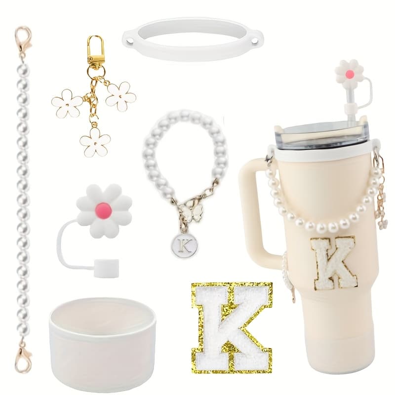 Exquisite 7pcs Cup Accessory Set 40 Ounces: Our Cup Accessory Set Includes Silicone Straw Cap, Rubber Cup Ring, Pearl Chain, Keychain, Bottle Boots, Heart-shaped Keychain, And Heart-shaped Hook, Stylish And Of Excellent Quality. - Image 1