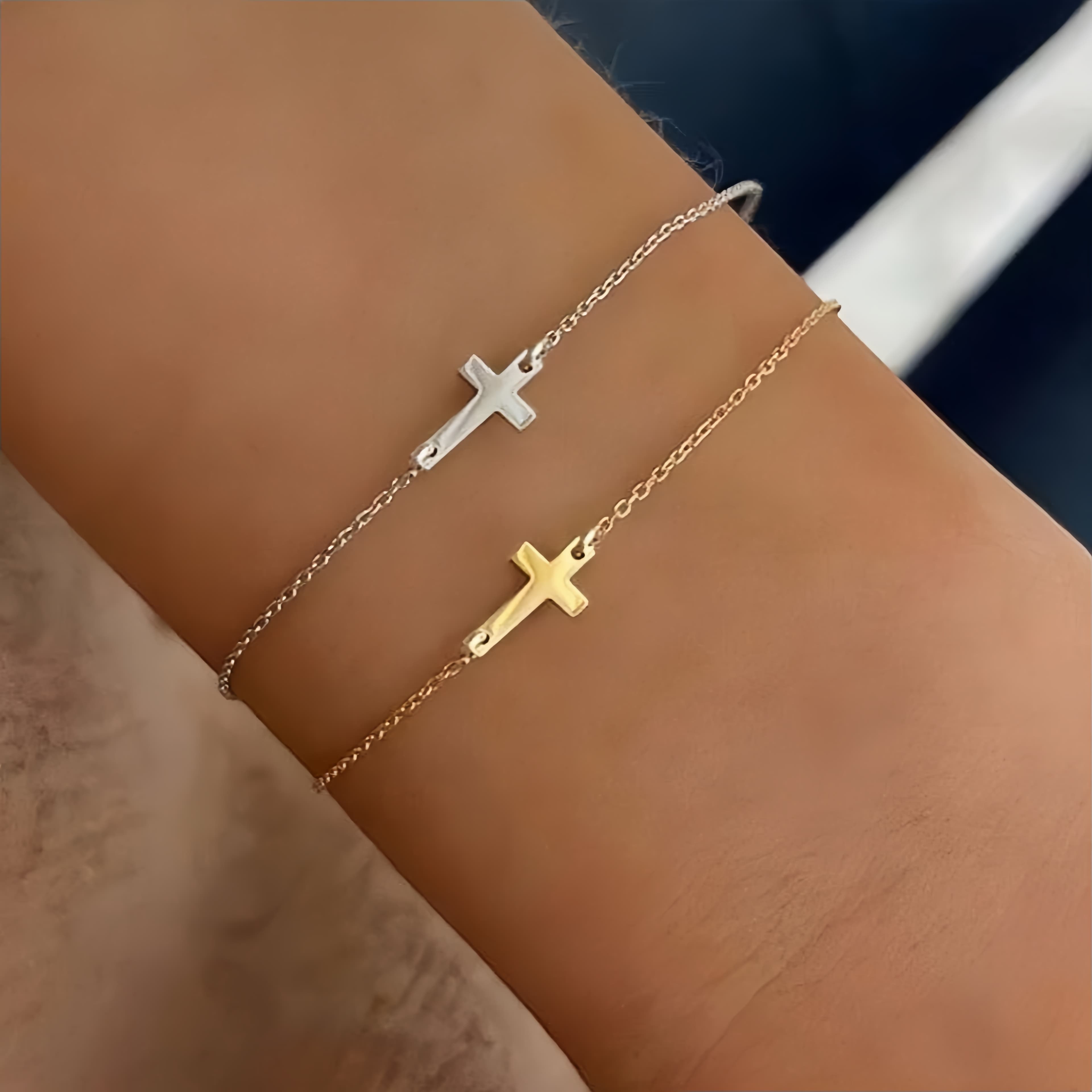 2pcss Cross Couple Bracelet Simple Geometric Bracelet Simple Cross Chain Bracelet, Unique and Delicate Bracelet Jewelry for Daily Wear - 2pcs - Image 1