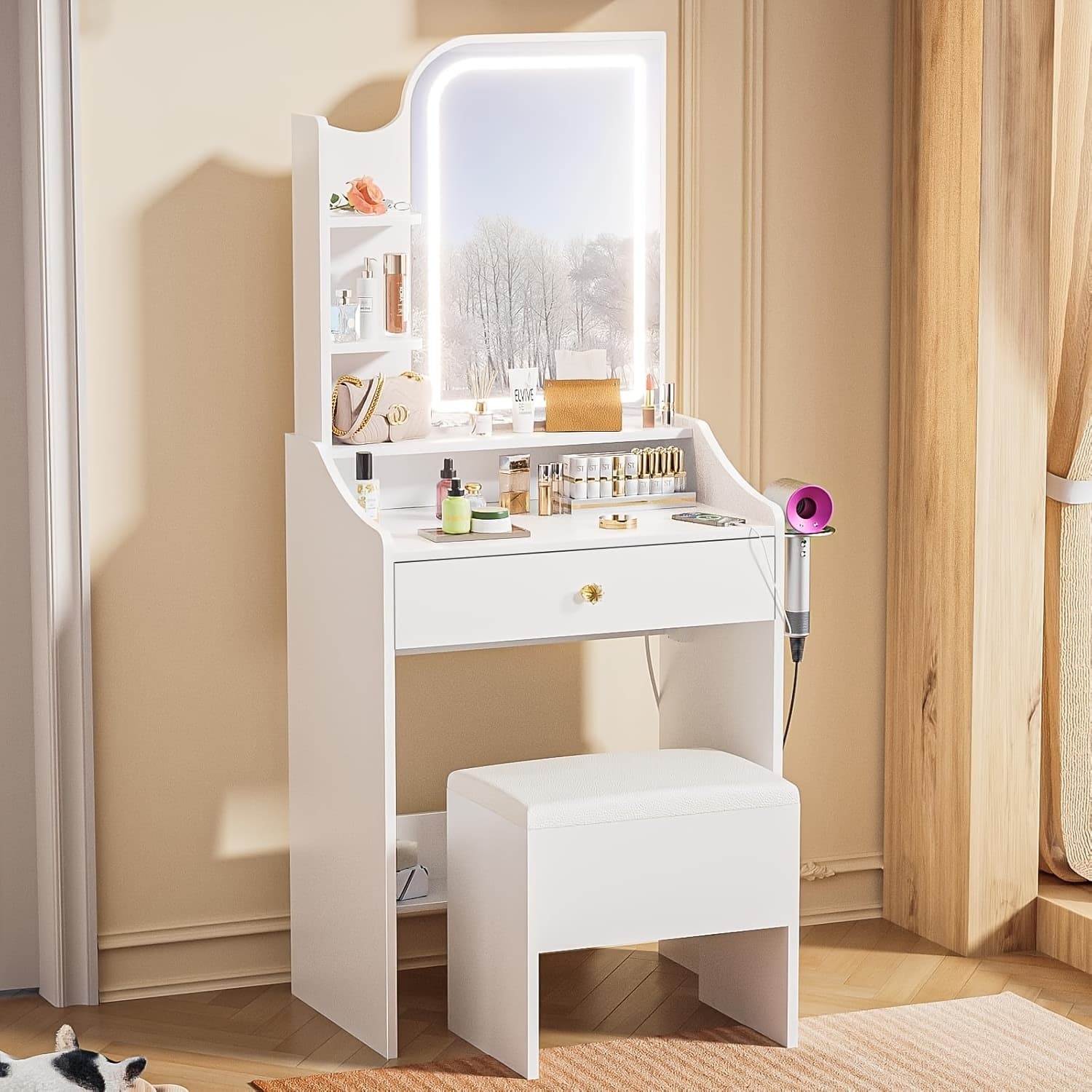 Makeup Vanity Desk With Mirror And Lights, Vanity Table Set With Storage Drawer And Shelves For Small Spaces, Make Up Dressing Table With Chair And Power Outlet For Bedroom, White - Image 1