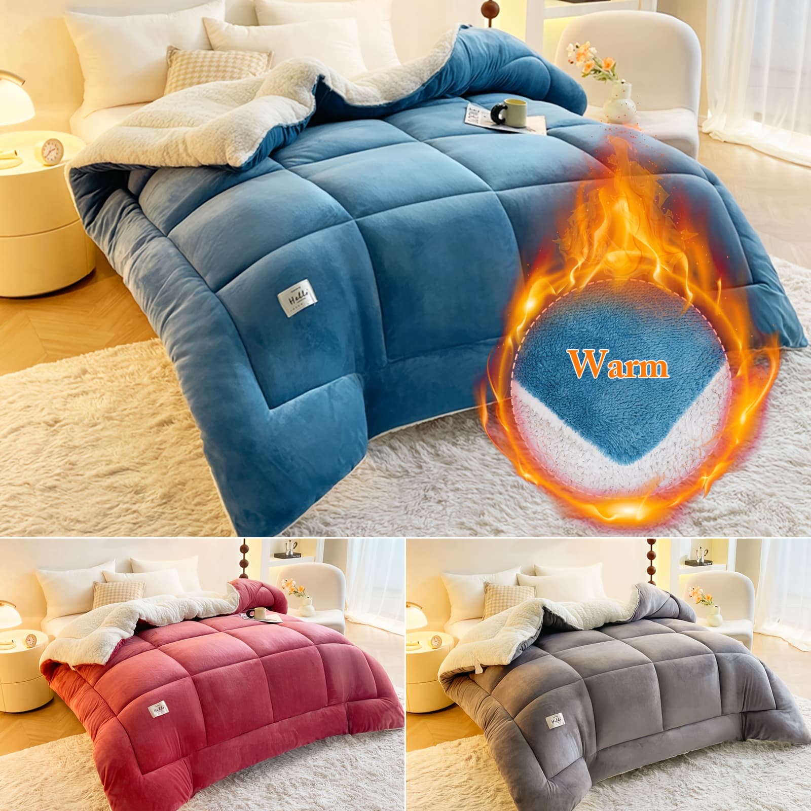 Ultra Breathable Soft Comforter - 1pc Thick Lamb Quilt Double-Sided Box Stitch Solid Color - All Season Cover Quilt for Bedroom Warm Autumn And Winter, Gift, Home Decor - Image 1