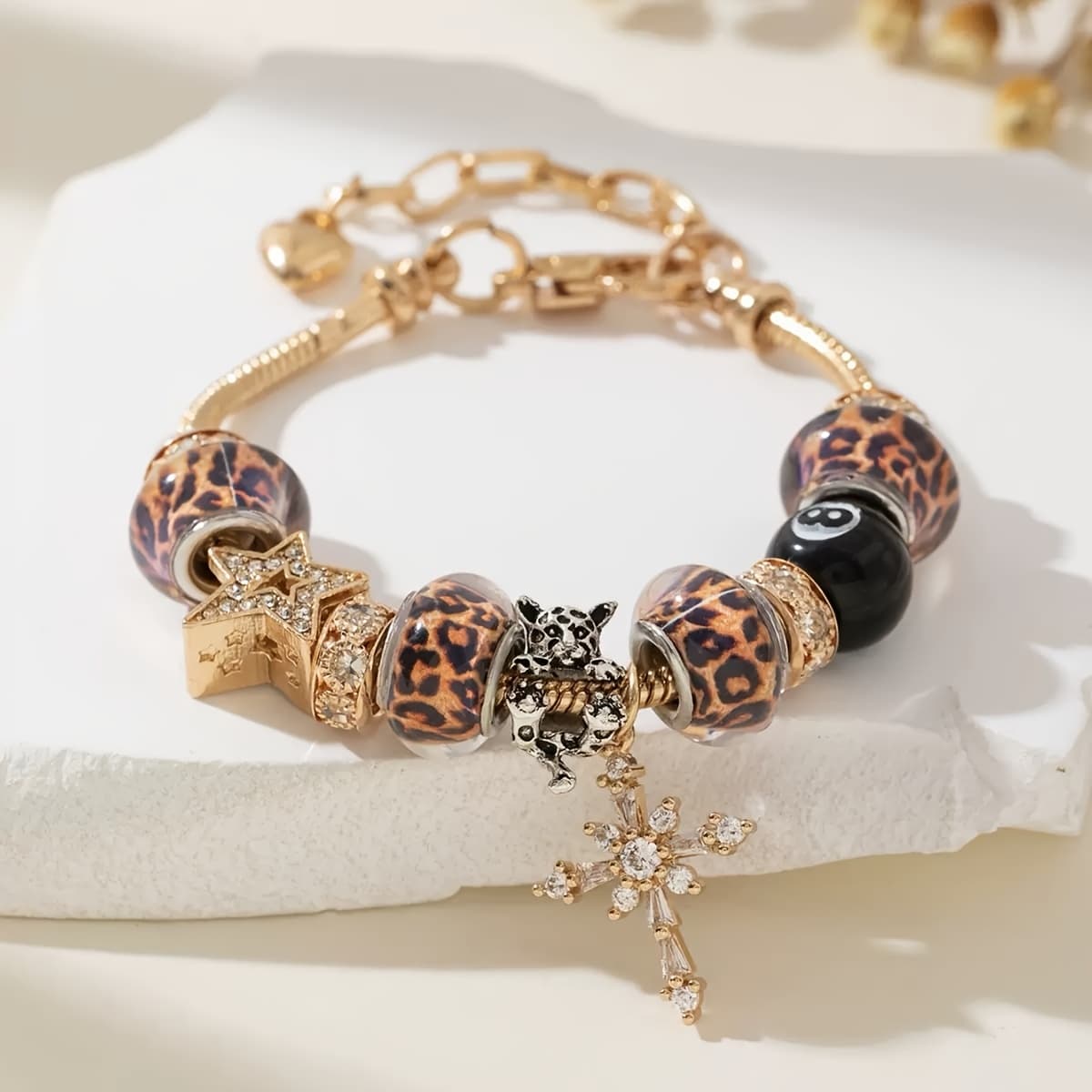 1pc Chic Craftsmanship Women'S Bracelet with Star, Cross, Billiard Number, Leopard Print & Time Charms - DIY Snake Chain Jewelry, KC Golden Plated Copper, Rhinestone Embellishments, Perfect for Parties & Music Festivals, Festival Accessory | Leopard Print Bracelet | Goldtone Finish - Image 1