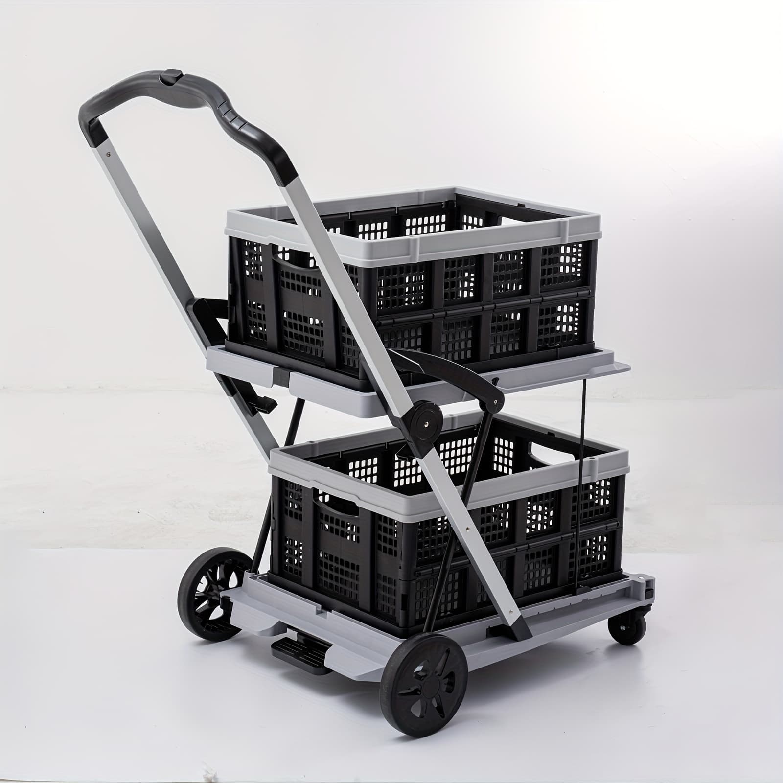 Collapsible Gray Shopping Cart with 360° Swivel Wheels & Dual Storage Crates – Adjustable Portable Utility Trolley for Office, Camping, and Food Delivery, Food Delivery Trolley | Foldable Design | Sturdy Frame Cart, Rolling Storage Cart - Image 1