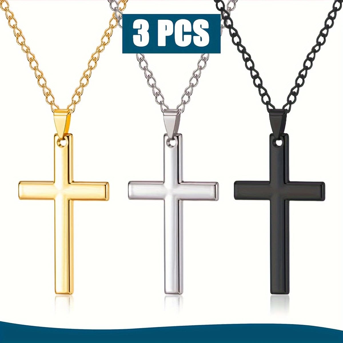 Golden Plated Silvery Black 3 Colors Set Simple Stainless Steel Smooth Cross Necklace Suitable for Men And Women - Image 1